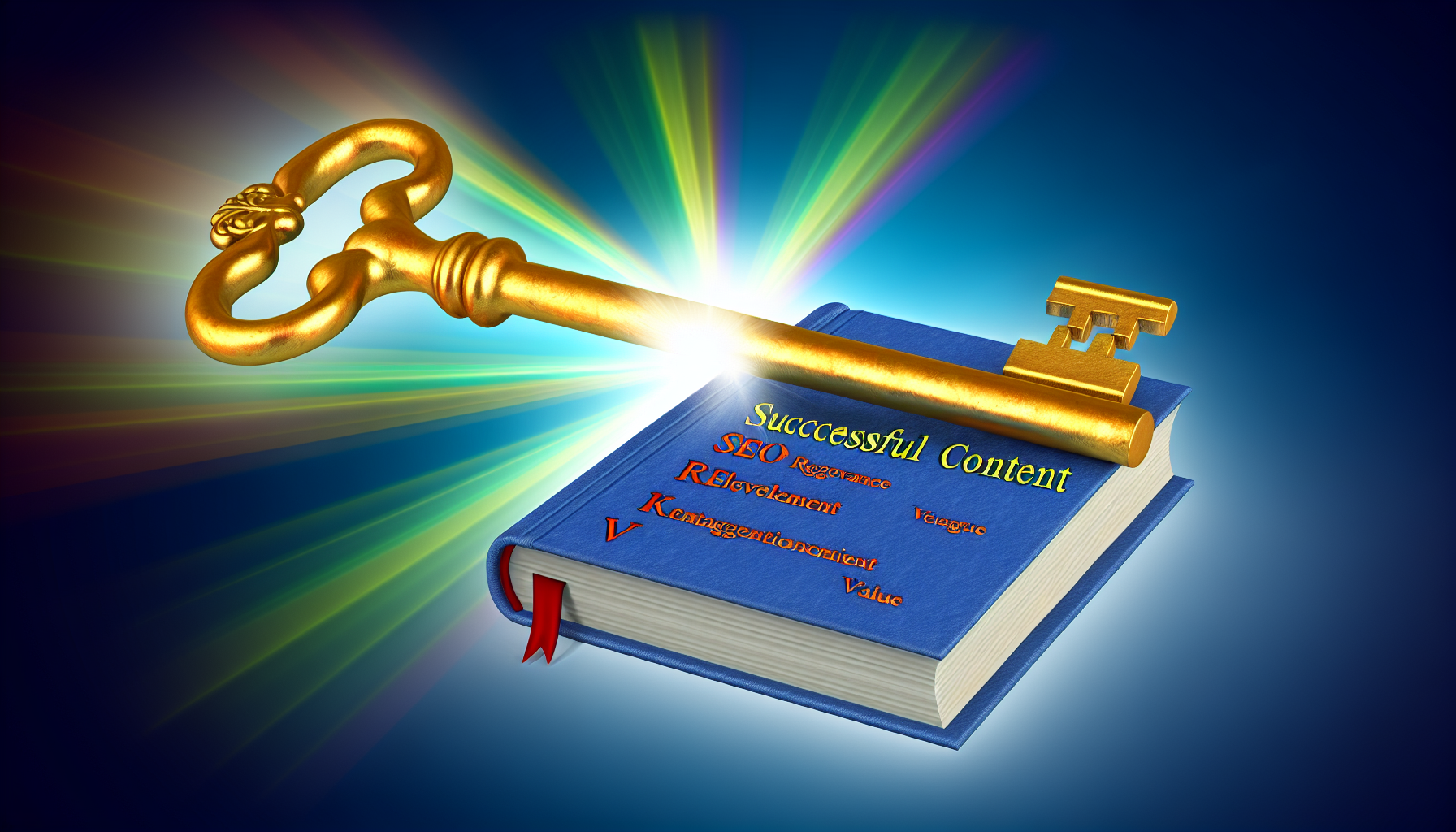 Eine lebendige Illustration, die einen großen, antiken goldenen Schlüssel darstellt, der 'Schlüsselwörter' symbolisiert und über einem makellos gebundenen Buch mit dem Titel 'Erfolgreicher Inhalt' schwebt. Jeder Zahn des Schlüssels ist mit verschiedenen Aspekten des effektiven Schreibens beschriftet, wie 'SEO', 'Relevanz', 'Engagement' und 'Wert'. Der Schlüssel scheint einen Lichtstrahl aus dem Buch zu öffnen, was die Kraft und Bedeutung von Schlüsselwörtern beim Entsperren erfolgreichen Inhalts andeutet.