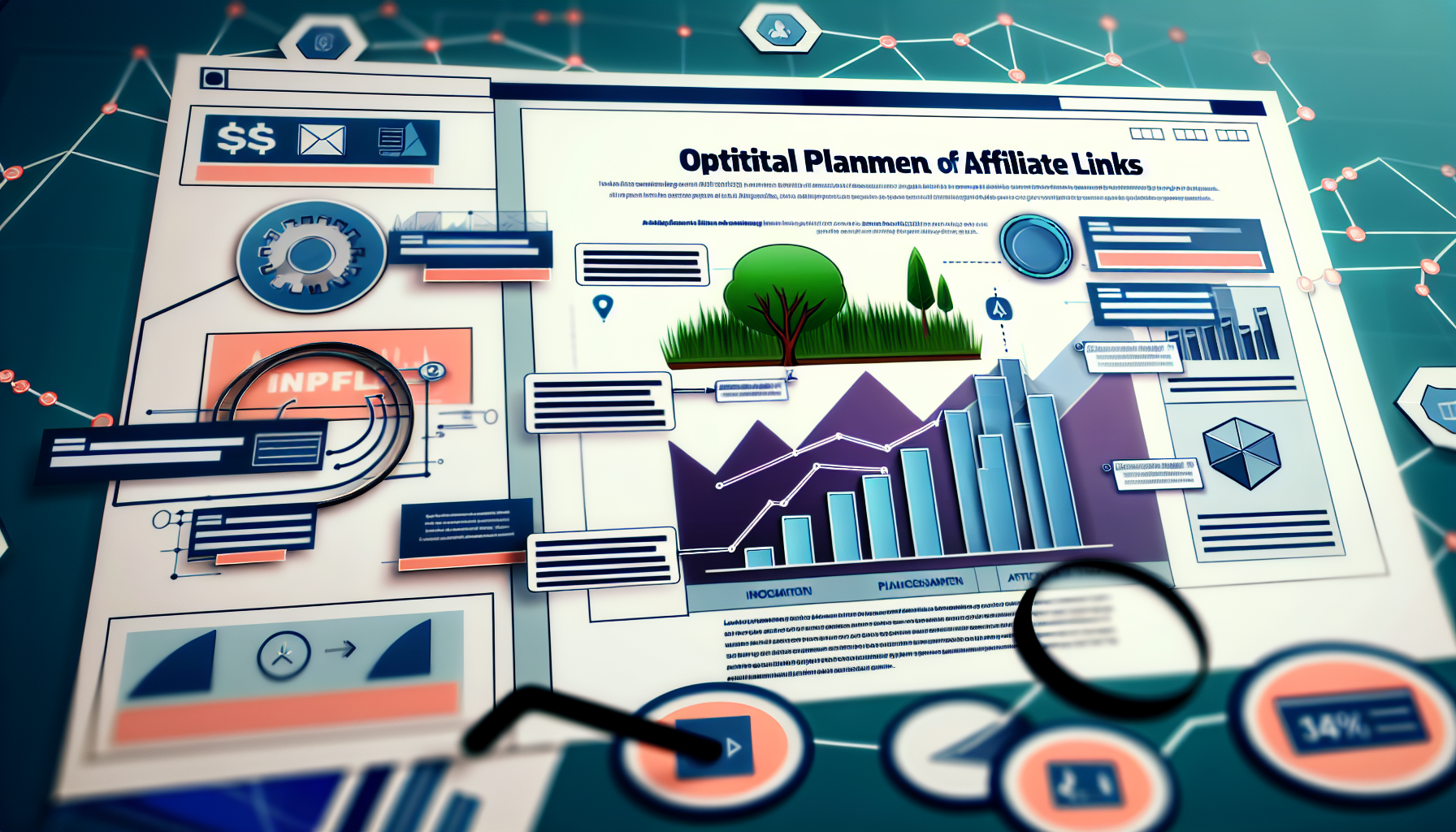Stellen Sie sich ein digitales Marketing-Layout vor, das die optimale Platzierung und Optimierung von Affiliate-Links zeigt. Sie können Grafiken sehen, die einen Anstieg des Einkommens als Ergebnis der richtigen Platzierung der Links darstellen. Das Design kann verschiedene Website-Oberflächen, Infografiken zu steigenden Einkommens-Trends und wichtige Elemente wie CTA-Buttons, Hyperlinks und Banner enthalten. All diese Konzepte sind auf ansprechende und visuell ansprechende Weise illustriert.