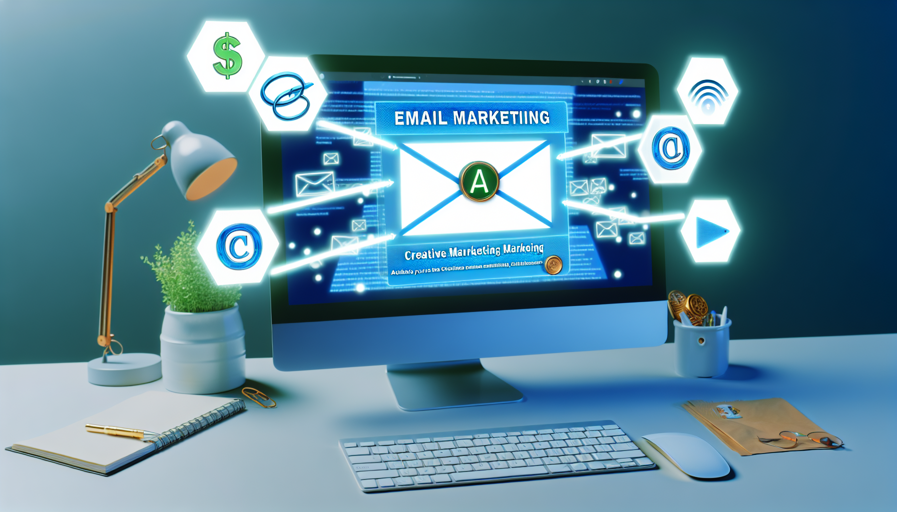 Ein Bild, das das Konzept des E-Mail-Marketings als eines der effektivsten Werkzeuge im Affiliate-Marketing darstellt. Zeigen Sie einen Computerbildschirm mit einer geöffneten E-Mail-Anwendung, in der kreative Marketing-E-Mails sichtbar sind. Auf einer Seite des Computers sollten Symbole für Affiliate-Marketing wie Influencer-Icons, Links und das Geldzeichen dargestellt werden. Die Szene sollte Dynamik, Effizienz und Vernetzung ausdrücken.