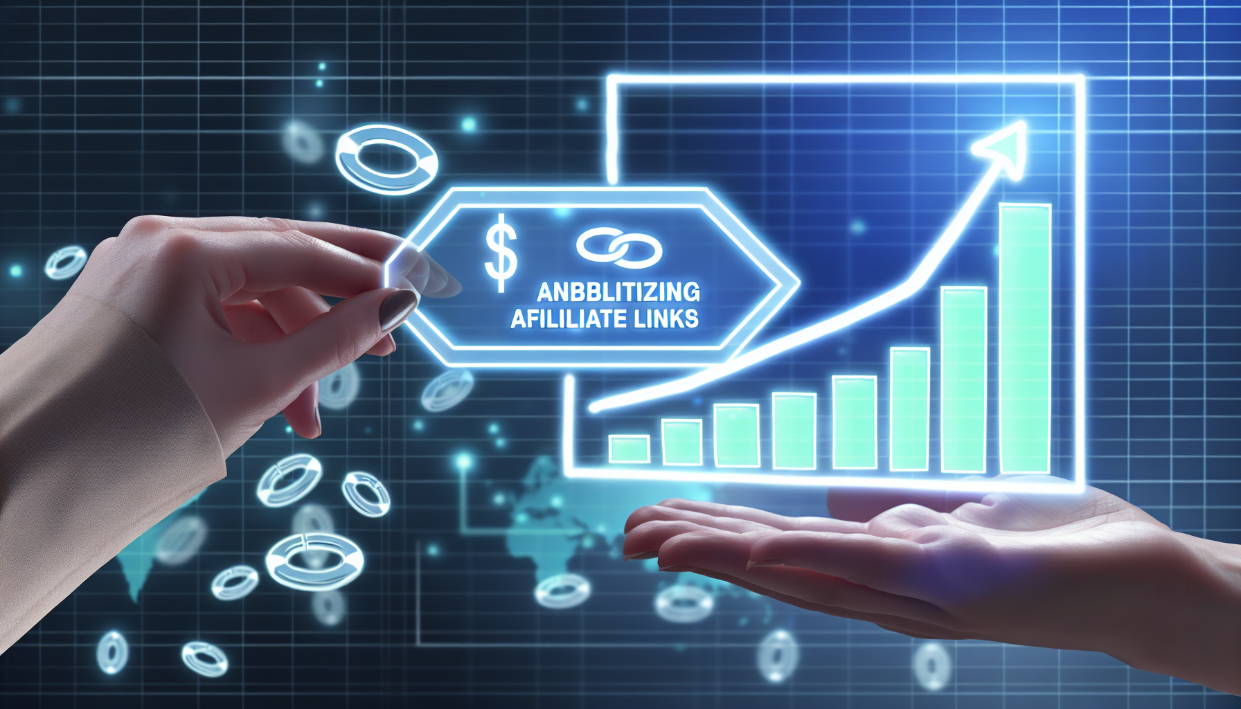 Eine illustrative Darstellung, die den Prozess der richtigen Platzierung und Optimierung von Affiliate-Links zeigt, um die Einnahmen erheblich zu steigern. Zeigen Sie ein Diagramm mit einem Anstieg in einem Graphen, der das Wachstum des Einkommens symbolisiert, während die Affiliate-Links korrekt positioniert und optimiert werden. Bitte keine erkennbaren Marken oder Logos in diesem Bild einfügen.