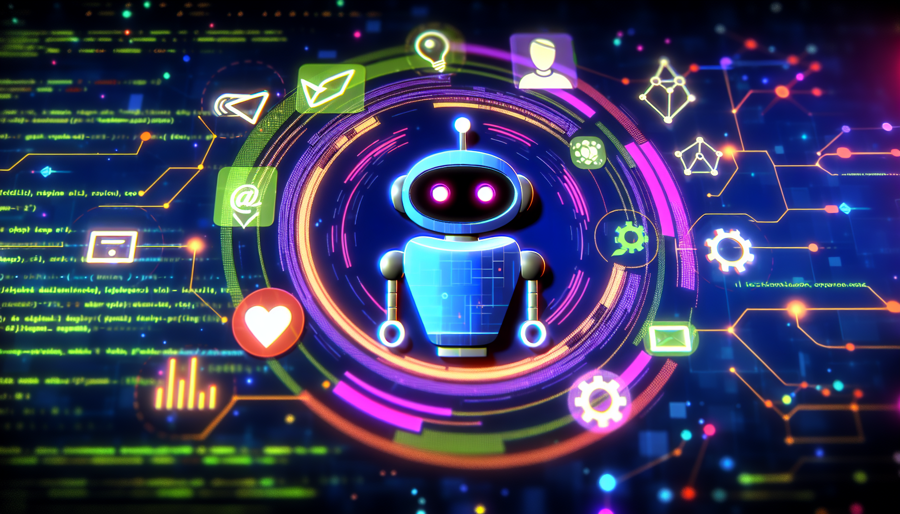 Stellen Sie sich einen fortschrittlichen KI-Chatbot vor, der als hochentwickeltes technologisches Element präsentiert wird und dabei hilft, Besucher zu engagieren, Fragen zu beantworten und Kaufentscheidungen zu fördern. Der Chatbot interagiert mit mehreren digitalen Symbolen, die jeweils unterschiedliche Aufgaben repräsentieren, wie Besucherengagement, Informationsbereitstellung und Förderung von Kaufentscheidungen. Umgeben ist er von einer lebhaften Anordnung abstrakter technologiebezogener Elemente, wie Code-Streams, digitalen Karten und Netzwerkverbindungen, um die Komplexität und das Potenzial dieses brillanten Werkzeugs zu unterstreichen.