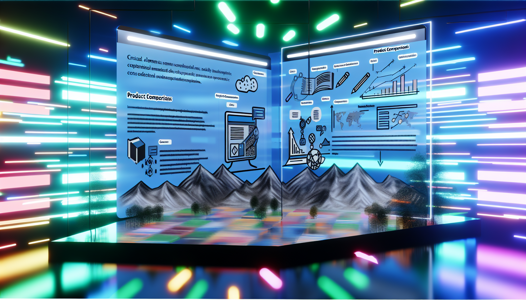 Stellen Sie sich eine digitale Landschaft vor, in der kritische Elemente wie Blogbeiträge, Produktvergleiche und Tutorials aktiv Nutzer anziehen und Konversionen fördern. Die Szene sollte die dynamische Natur dieser interaktiven Plattformen einfangen, die von ständigen Updates belebt wird, voller Informationen ist und von Nutzerengagement summt. Visualisieren Sie moderne Grafikdesigns für die Blogbeiträge, detaillierte Diagramme für Produktvergleiche und Schritt-für-Schritt-Illustrationen für Tutorials. Das Farbschema sollte eine energetische und motivierende Umgebung widerspiegeln.