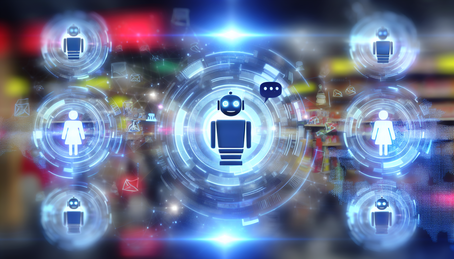 Stellen Sie sich ein Bild vor, das eine futuristische Kommunikation darstellt, in der Chatbots als digitale Wesen repräsentiert sind. Diese Wesen interagieren aktiv mit verschiedenen Besuchern, beantworten deren Anfragen und beeinflussen subtil deren Kaufentscheidungen, alles in einem virtuellen Marktplatz-Setting.
