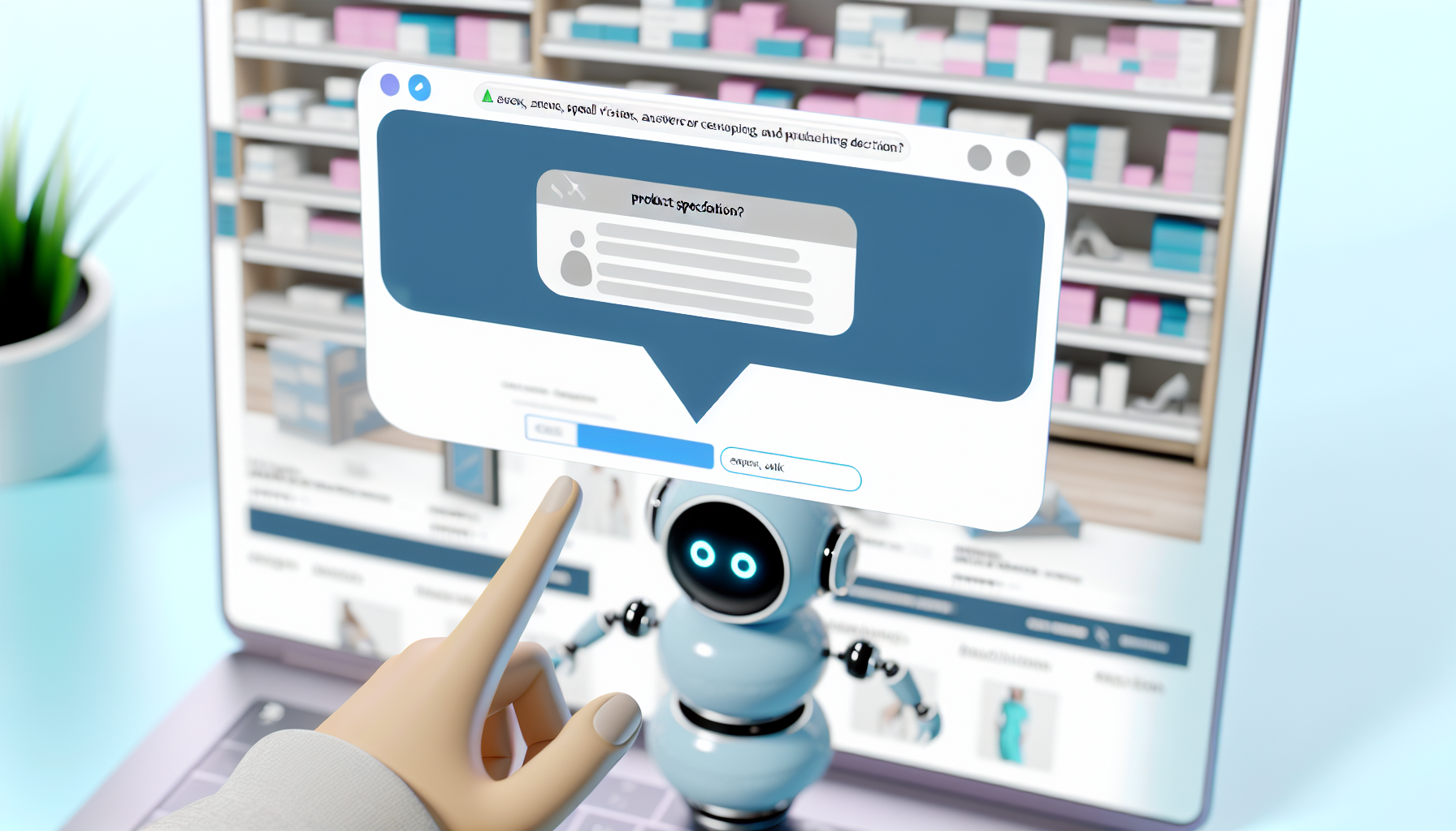 Ein Bild, das eine digitale Chatbot-Oberfläche zeigt, die als leistungsstarkes Werkzeug zur Interaktion mit Besuchern, zur Beantwortung ihrer Anfragen und zur Förderung von Kaufentscheidungen dient. Die Szene zeigt eine Online-Shop-Website mit dem Chatbot-Dialogfeld, das in der unteren rechten Ecke sichtbar ist. Der Chatbot unterstützt einen Besucher, der nach Produktspezifikationen fragt. Das Design des Chatbots ist minimalistisch und modern. Über dem Chatbot zeigt die Webseite verschiedene Produkte aus dem Shop.