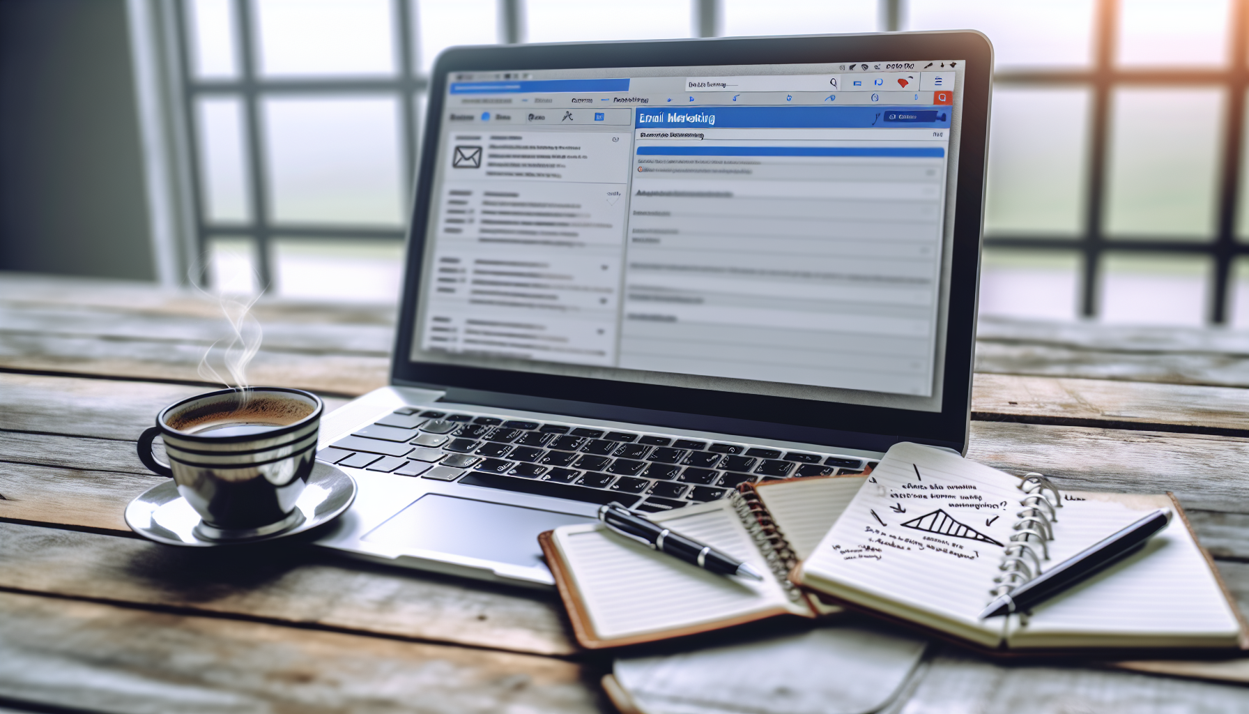 Ein Bild, das E-Mail-Marketing als eines der effektivsten Werkzeuge im Affiliate-Marketing zeigt. Auf einem Holztisch steht ein Laptop, dessen Bildschirm eine geöffnete E-Mail-Anwendung mit einer erfolgreichen Kampagne zeigt. Neben dem Laptop steht eine Tasse dampfender Kaffee und ein Notizbuch mit Kritzeleien zu Strategien für Affiliate-Marketing. Im Hintergrund lässt ein offenes Fenster natürliches Licht herein, was eine produktive Atmosphäre schafft.