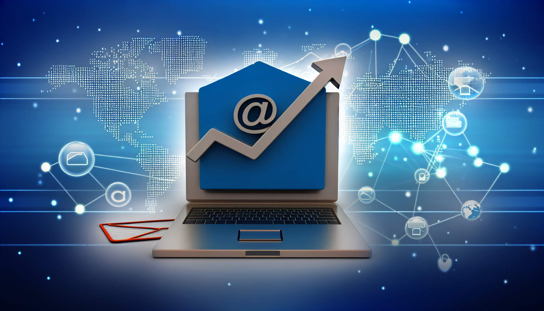 Visuelle Darstellung des Konzepts, dass E-Mail-Marketing eines der effektivsten Werkzeuge im Affiliate-Marketing bleibt. Die Szene könnte einen 3D-digitalen Laptop-Bildschirm zeigen, auf dem ein E-Mail-Symbol über einem stark wachsenden Balkendiagramm liegt. Dies sollte von verschiedenen anderen Affiliate-Marketing-Tools wie Links, sozialen Medien und Blogs begleitet werden, die weniger bedeutend im Hintergrund illustriert sind, um ihre vergleichende Effektivität anzuzeigen. Ein Globus, der mit Verbindungspunkten versehen ist, könnte hinzugefügt werden, um die weltweite Reichweite dieser Marketingart darzustellen.