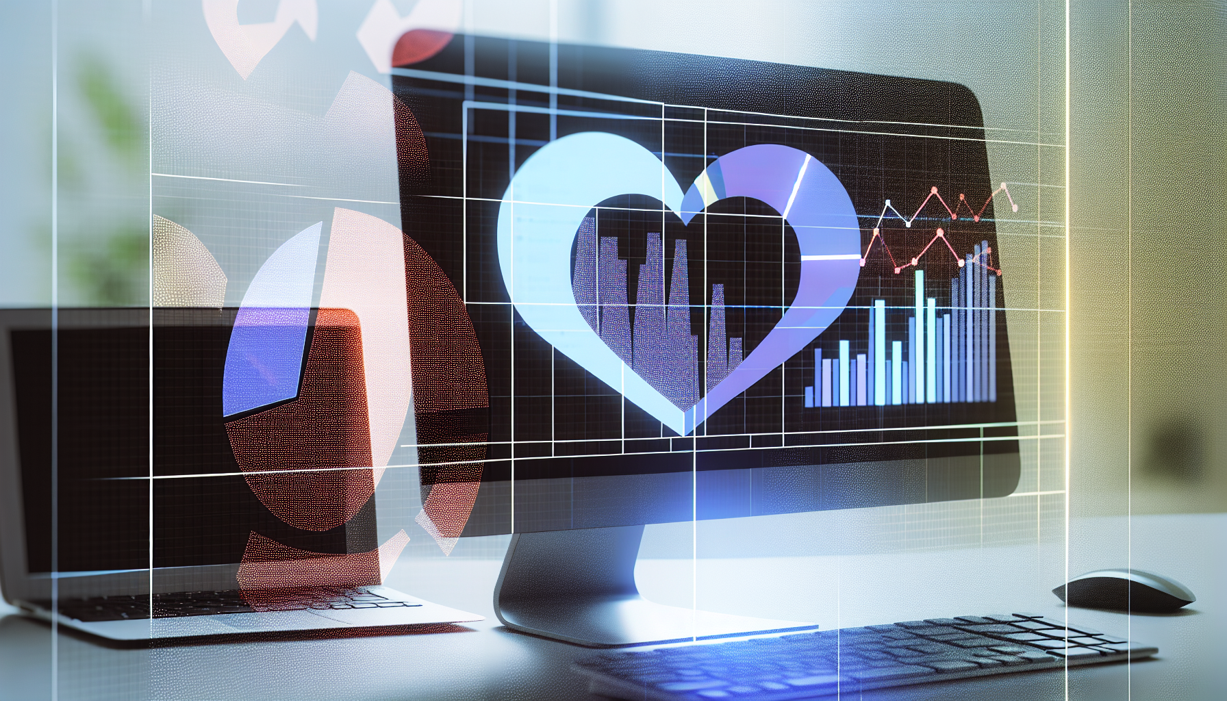 Eine detaillierte Visualisierung der Datenanalyse, die das Herz des Affiliate-Marketings symbolisiert. Im Vordergrund ist ein Computerbildschirm zu sehen, der Tortendiagramme und Balkendiagramme zeigt, die verschiedene Marketingkennzahlen darstellen. Im Hintergrund ist die Silhouette eines Herzens zu sehen, das die Verbindung zwischen der Analyse und dem Erfolg des Affiliate-Marketings symbolisiert. Die gesamte Atmosphäre des Bildes sollte professionell und technisch wirken.