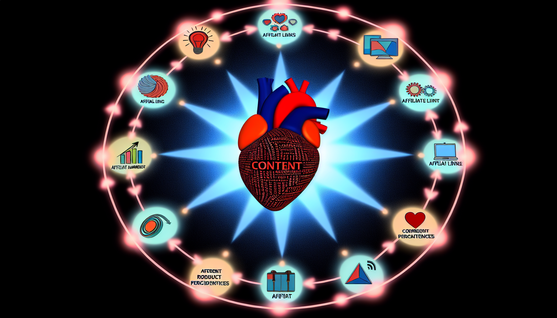 Stellen Sie sich ein metaphorisches Bild vor, in dem ein riesiges, gesundes, schlagendes Herz in der Mitte steht, das 'Inhalt' symbolisiert. Um dieses Herz kreisen verschiedene Symbole des Affiliate-Marketings, wie Affiliate-Links, Provisionsprozentsätze, unterschiedliche Produktbilder und vielfältige Marketingstrategien. Hochwertiger Inhalt strahlt Licht aus und zieht all diese Elemente an. Dieses Bild verdeutlicht, dass der Inhalt das Herzstück des Affiliate-Marketings ist und alle anderen Aspekte darum herum angeordnet sind.