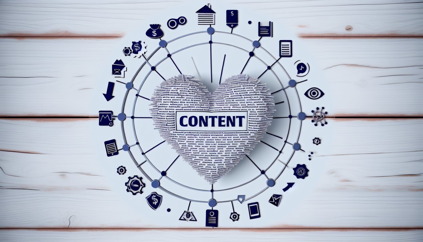Ein Bild, das das Konzept darstellt, dass Inhalte das Herz des Affiliate-Marketings sind. Dies könnte ein symbolisches Herz sein, das aus geschriebenen Inhalten gestaltet ist, umgeben von Symbolen der verschiedenen Elemente des Affiliate-Marketings wie Partnerschaftsnetzwerke, Tracking-Systeme und Zahlungsmodelle. Die Visualisierung sollte vermitteln, dass all diese Elemente durch das 'Herz' qualitativ hochwertiger Inhalte miteinander verbunden sind.