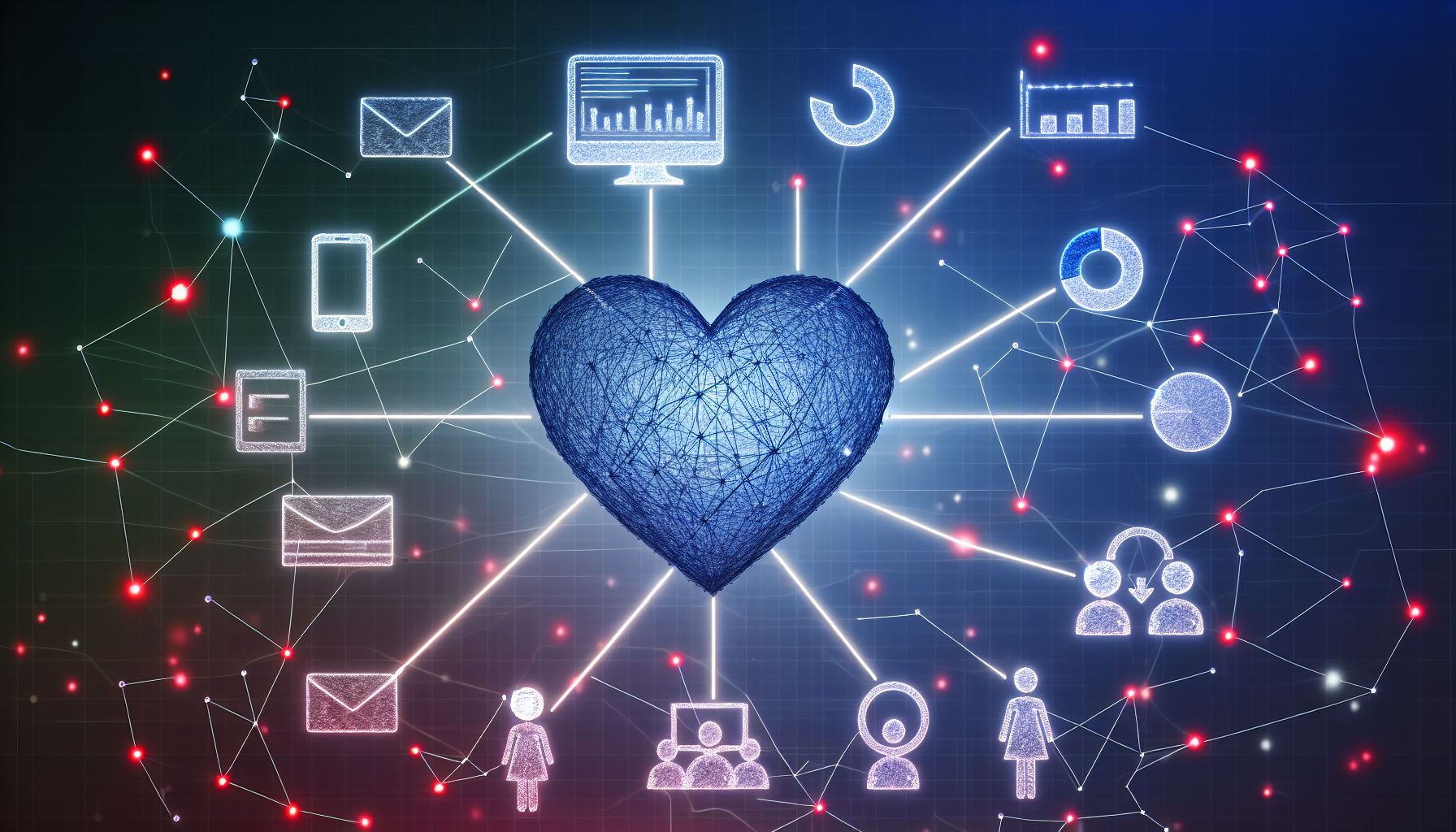 Eine Visualisierung der Datenanalyse als das Herz des Affiliate-Marketings. Stellen Sie sich ein großes Herz in der Mitte vor, das aus komplexen Netzwerk-Knoten und Linien besteht, die die Datenverbindungen symbolisieren. Rund um das Herz befinden sich verschiedene Symbole, die das Affiliate-Marketing repräsentieren, wie ein Computer mit einer Website, Online-Anzeigen, ein Diagramm zur Verfolgung von Klicks und Verkäufen sowie verschiedene Währungen, die internationale Transaktionen anzeigen. All diese Symbole sind mit dem Herz verbunden, was ihre Abhängigkeit von der Datenanalyse verdeutlicht.
