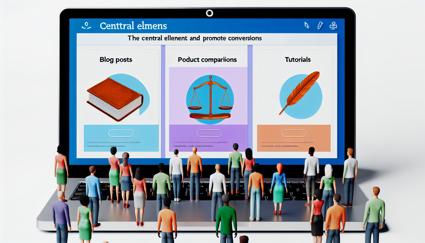 Ein Bild, das die zentralen Elemente zeigt, die Nutzer anziehen und Konversionen fördern: Blogbeiträge, Produktvergleiche und Tutorials. Diese könnten visuell als ein offenes Laptop dargestellt werden, das verschiedene Tabs mit jedem dieser Elemente anzeigt, ergänzt durch relevante Symbole. Zum Beispiel eine Feder oder ein Buch für Blogbeiträge, eine Waage für Produktvergleiche und ein Handbuch oder Leitfaden für Tutorials. Neben dem Laptop könnten verschiedene demografische Nutzer gezeigt werden, die eine breite Palette von ethnischen Hintergründen und Geschlechtern repräsentieren und sich mit den Informationen auf dem Bildschirm beschäftigen.