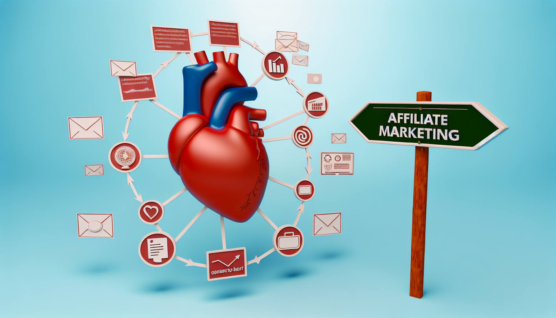 Eine Illustration, die das Konzept zeigt, dass Inhalte das Herz des Affiliate-Marketings sind. Das Bild zeigt ein tatsächliches Herzsymbol, um das verschiedene Formen digitaler Inhalte wie Texte, Diagramme, E-Mails und Symbole für soziale Medien zirkulieren. Ein Wegweiser, der auf eine Straße mit dem Namen 'Affiliate-Marketing' zeigt, sollte ebenfalls enthalten sein, um die zentrale Rolle der Inhalte auf diesem Weg zu betonen.