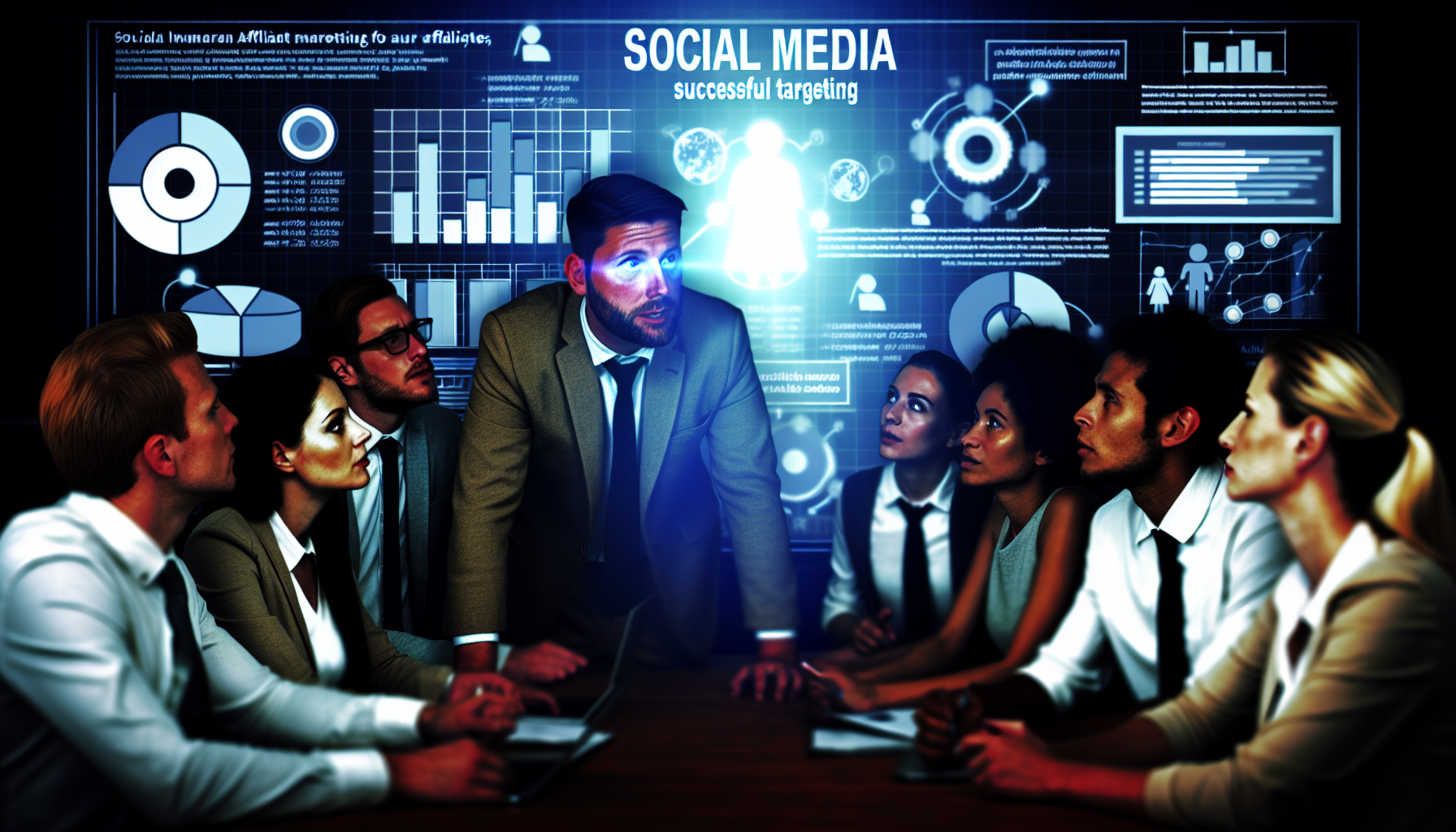 Soziale Medien sind ein entscheidender Kanal für Affiliates, aber eine erfolgreiche Zielgruppenansprache kann herausfordernd sein. Stellen Sie sich eine Szene vor, in der ein Team von Affiliate-Marketing-Experten, bestehend aus männlichen und weiblichen Mitgliedern unterschiedlicher Herkunft, darunter Kaukasier, Hispanics, Asiaten und Schwarze, Strategien brainstormt. Sie sind um einen großen Bildschirm versammelt, auf dem Grafiken und Daten zu Social-Media-Trends, Engagement-Raten und Zielgruppendemografien angezeigt werden. Ihre entschlossenen Gesichter leuchten im digitalen Glanz und signalisieren die herausfordernde, aber aufregende Natur ihrer Aufgabe.
