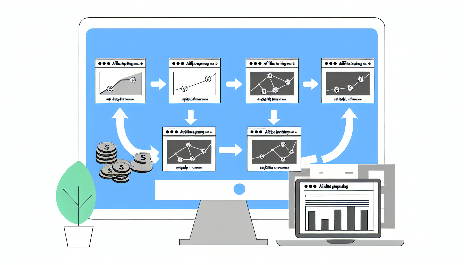 Eine Illustration, die das Konzept der richtigen Platzierung und Optimierung von Affiliate-Links zur signifikanten Steigerung der Einnahmen demonstriert. Zeigen Sie einen mehrstufigen Prozess auf einem Computerbildschirm: beginnend mit einer schlecht gestalteten Website, die mit sporadischen Affiliate-Links gefüllt ist, gefolgt von Verbesserungsiterationen, die zu einem optimierten Layout der Seite führen, bei dem die Affiliate-Links harmonisch angeordnet sind, ohne die Benutzererfahrung zu stören. Schließlich ein Balkendiagramm, das den daraus resultierenden Anstieg der Einnahmen symbolisiert.