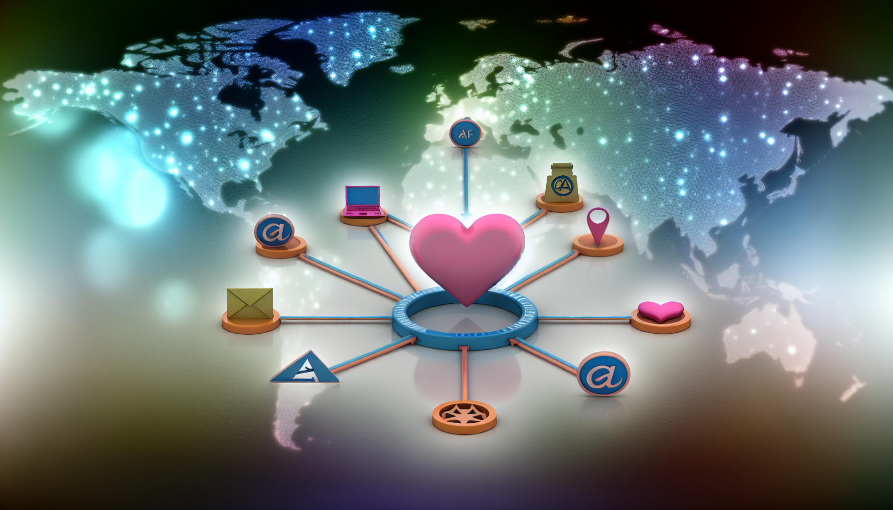 Eine konzeptionelle Grafik, die Affiliate-Marketing darstellt. Im Zentrum symbolisiert ein herzförmiges Icon das Wesen des Inhalts. Um dieses herum verzweigen sich andere Elemente des Affiliate-Marketings – Links, Websites, Conversions – wie Arterien. Im Hintergrund zeigt eine Weltkarte die weite Reichweite des Internet-Handels. Die Szene ist mit sanfter, professioneller Beleuchtung erhellt, die einen Kontrast zwischen lebhaften Brennpunkten und dunkleren Randbereichen schafft.