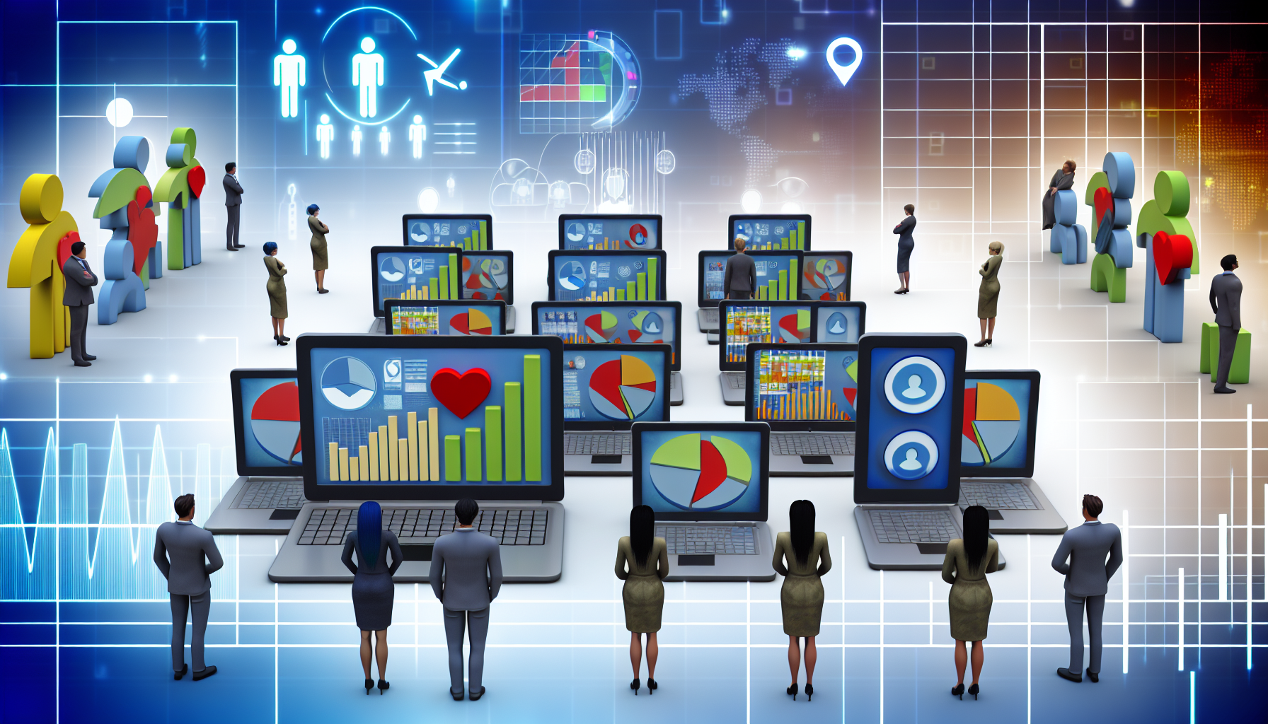 Eine umfassende Darstellung des Datenanalyseprozesses, der das Fundament des Affiliate-Marketings bildet. Das Bild zeigt eine Reihe offener Laptops, deren Bildschirme verschiedene Grafiken, Diagramme und Datenvisualisierungen anzeigen. Hinter diesen Laptops stehen Personen unterschiedlicher Geschlechter und Herkunft, die aufmerksam in die Bildschirme schauen und die dynamischen und inklusiven Akteure der Affiliate-Marketing-Landschaft reprÃ¤sentieren. Neben dieser Szene befindet sich ein groÃŸes herzfÃ¶rmiges Symbol, das die Bedeutung der Datenanalyse im Affiliate-Marketing symbolisiert. SchlieÃŸlich vervollstÃ¤ndigen ikonische Symbole des Affiliate-Marketings im Hintergrund das Bild.