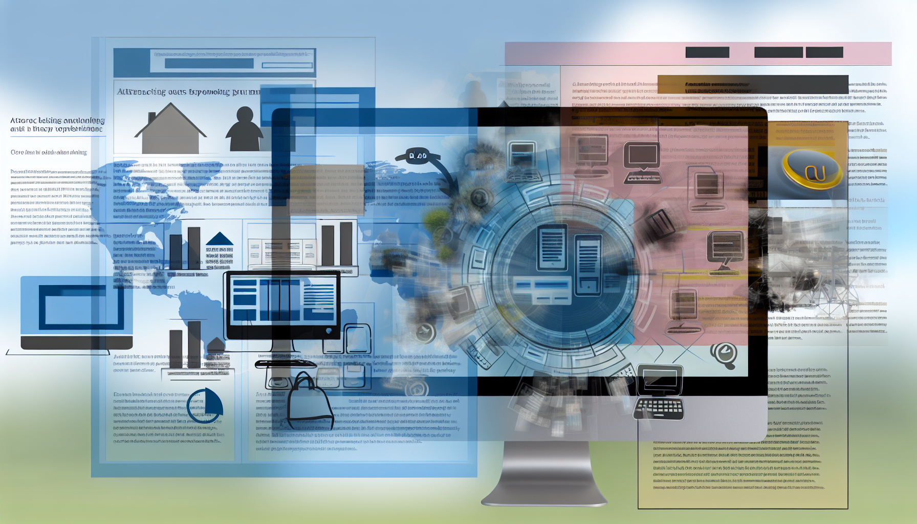 Eine digitale Collage, die die zentralen Elemente der Nutzergewinnung und der Förderung von Konversionen in Form von Blogbeiträgen, Produktvergleichen und Tutorials darstellt. Auf der einen Seite sollte ein Computerbildschirm zu sehen sein, der einen ansprechenden Blogbeitrag zeigt, in der Mitte ein Vergleichsdiagramm verschiedener Produkte und auf der anderen Seite einige Schritt-für-Schritt-Tutorialgrafiken. Jedes dieser Elemente geht nahtlos ineinander über und schafft eine umfassendere Landschaft der digitalen Marketing- und E-Commerce-Aktivitäten.