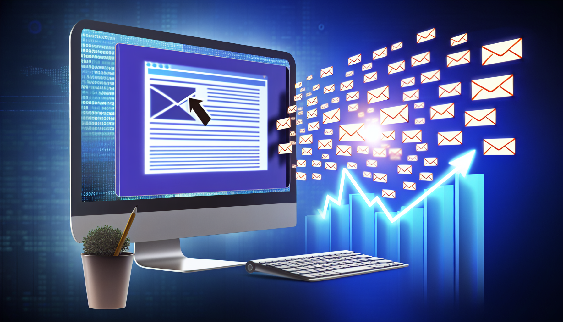 Stellen Sie eine Szene dar, die die Bedeutung von E-Mail-Marketing im Affiliate-Marketing verdeutlicht. Stellen Sie sich einen Desktop-Computerbildschirm vor, der eine E-Mail-Kampagne mit ansprechenden und auffälligen Grafiken zeigt. Die E-Mail wird an ein großes Publikum gesendet, dargestellt durch eine Vielzahl von Umschlägen, die vom Bildschirm ausstrahlen. Piktorialisieren Sie das Affiliate-Marketing mit einem großen Diagramm, das nach oben zeigt und eine Verbesserung der Leistung anzeigt, während E-Mails versendet werden. Stellen Sie sicher, dass die hohe Effizienz und Effektivität von E-Mail-Marketing-Tools innerhalb des Ökosystems kommuniziert wird.