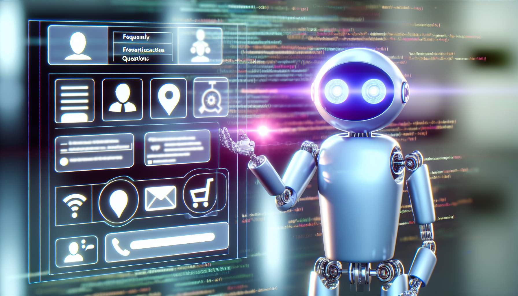 Ein hochentwickelter Chatbot, der ein leistungsstarkes Werkzeug symbolisiert, um mit Website-Besuchern zu interagieren, Fragen zu beantworten und Kaufentscheidungen zu verbessern. Dieser Chatbot hat ein schlankes, modernes Design und wird als holografischer Operator in einer digitalen Benutzeroberfläche dargestellt. Er interagiert mit verschiedenen Symbolen, die häufig gestellte Fragen, Kundeninteraktionen und Online-Shopping-Optionen repräsentieren. Die Szene spielt in einem minimalistischen digitalen Arbeitsbereich, der eine technologisch fortschrittliche Umgebung kennzeichnet. Ein komplexer Hintergrundcode symbolisiert das fortschrittliche Codieren und Programmieren, das an der Erstellung und Wartung dieser digitalen Assistenten beteiligt ist. Wir sehen verschiedene Benutzer, die vom Chatbot unterstützt werden.