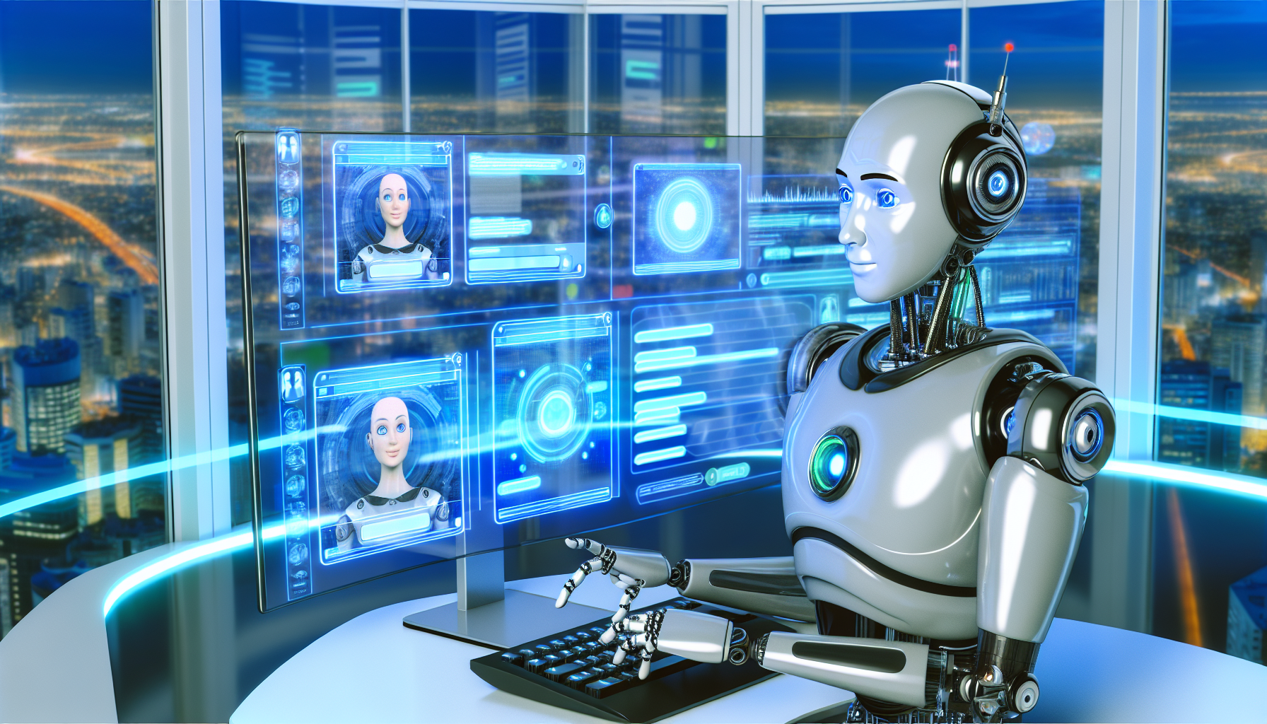 Chatbots haben sich zu einem leistungsstarken Werkzeug entwickelt, um Besucher zu engagieren, Fragen zu beantworten und Kaufentscheidungen zu fördern. Stellen Sie sich eine hochmoderne Umgebung vor, in der ein schlanker, humanoider Roboter mit kaukasischen Merkmalen an einem Computer arbeitet. Er interagiert mit mehreren holografischen Bildschirmen, die verschiedene Chats und Anfragen anzeigen. Der Roboter ist deutlich multifunktional; er hat einen mechanischen Arm, der auf einer holografischen Tastatur tippt, während der andere Arm gestikuliert, als würde er sich unterhalten. Seine Augen leuchten mit intensiver Konzentration. Im Hintergrund zeigt ein panoramisches Fenster eine futuristische Stadtlandschaft und veranschaulicht das fortschrittliche technologische Zeitalter.
