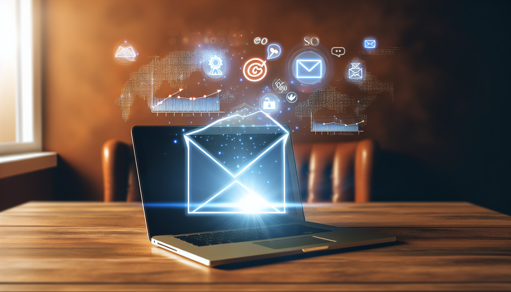 E-Mail-Marketing als effektives Werkzeug im Affiliate-Marketing darstellen. Zeigen Sie einen offenen Laptop mit einem E-Mail-Client, der mit Erfolgstatistiken und Grafiken, die Fortschritte anzeigen, leuchtet. Neben dem Laptop erstellen Sie visuelle Darstellungen anderer digitaler Marketing-Tools - SEO-Icons, Social-Media-Logos -, die jedoch vom kraftvollen Glühen des Laptops überschattet werden. Gestalten Sie die Umgebung als komfortables Home-Office mit einem warmen Schreibtisch und erdigen Wandfarben.