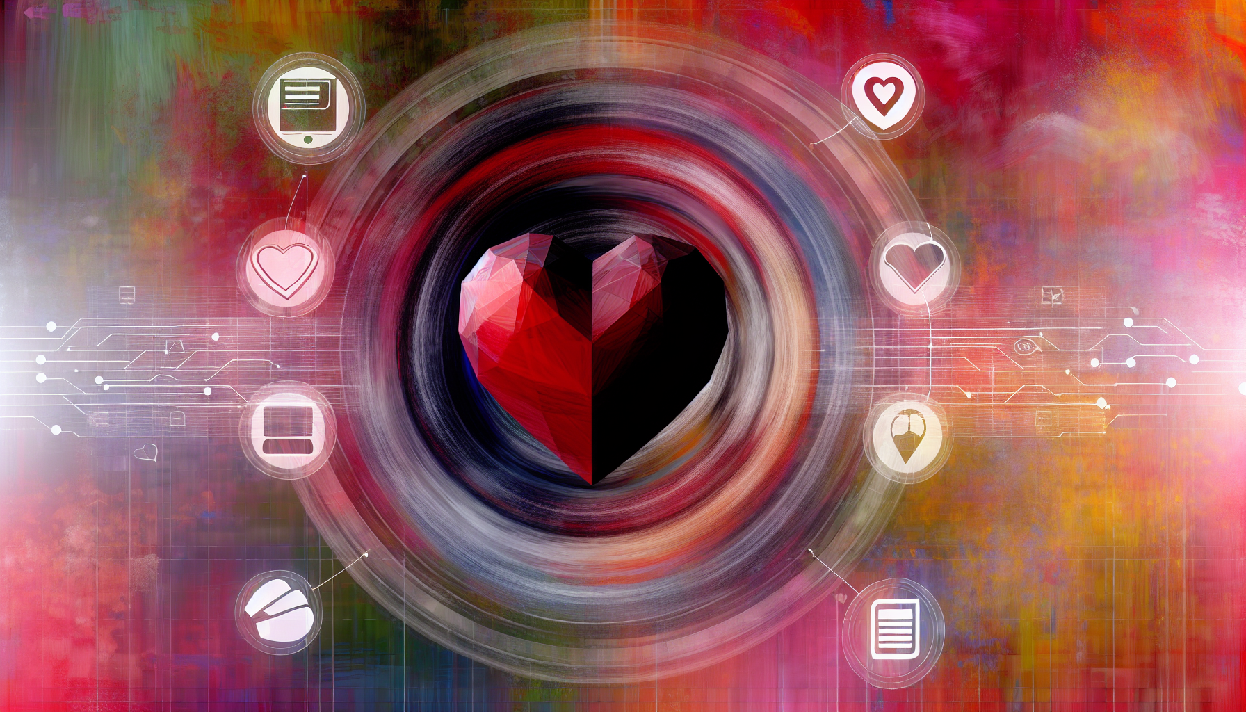 Ein abstraktes Bild, das das Kernkonzept des Affiliate-Marketings darstellt, mit der Analogie eines Herzens im Zentrum, das den Inhalt als das Herz dieser Marketingstrategie symbolisiert. Visuelle Elemente könnten digitale Icons im Zusammenhang mit Marketing umfassen, wie klickbare Links, Banner, Anzeigen oder Blogs, sowie ein Herz-Icon im Zentrum, um die zentrale Rolle der Inhaltserstellung zu betonen. Das Bild könnte eine Mischung aus lebhaften und gedämpften Farben verwenden, um die dynamische und facettenreiche Natur des Affiliate-Marketings darzustellen.