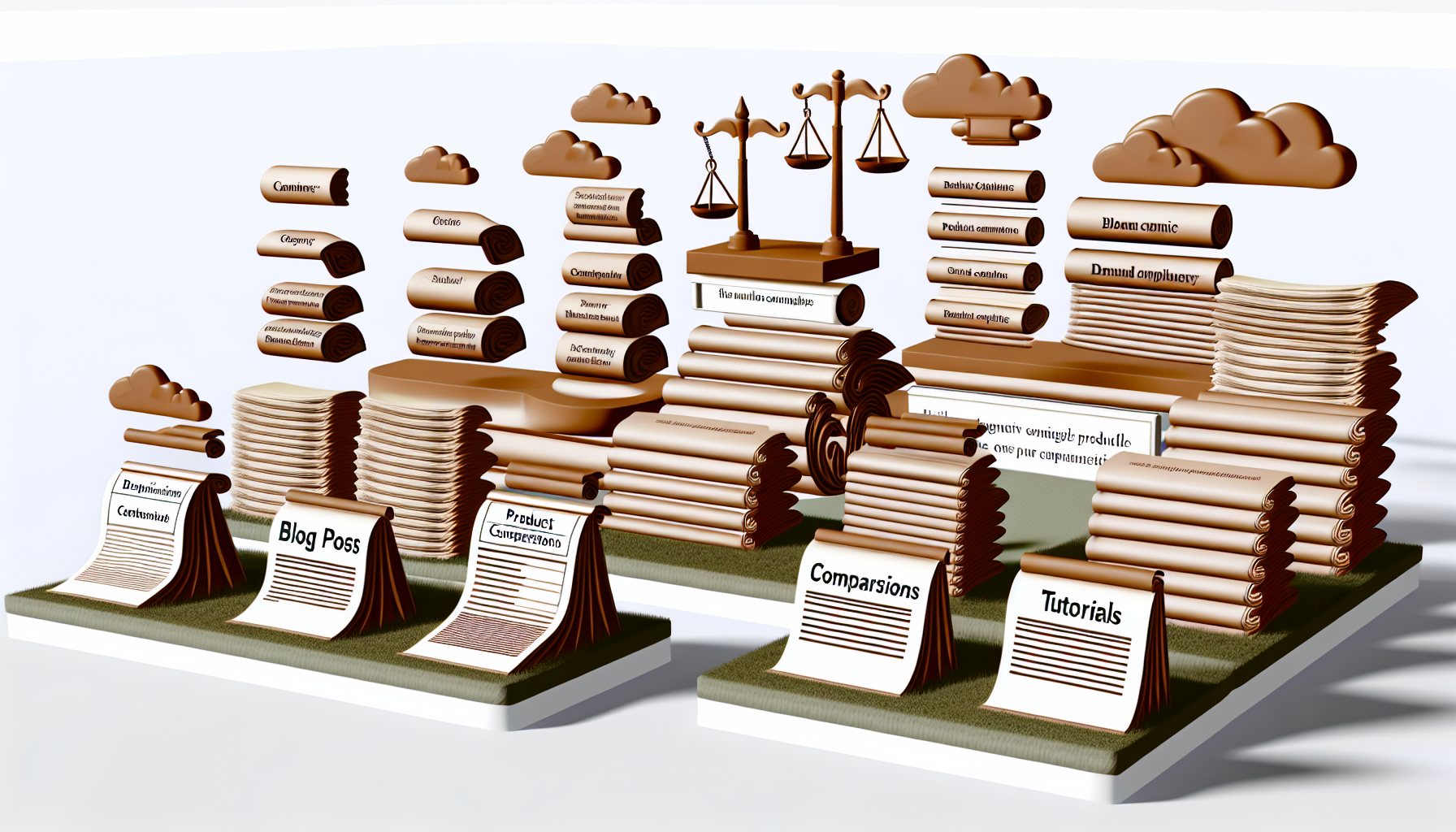 Visualisieren Sie eine digitale Landschaft mit verschiedenen Elementen, die darauf ausgelegt sind, Besucher zu fesseln. Diese Landschaft umfasst zahlreiche Blogbeiträge, die als ordentlich gestapelte Schriftrollen dargestellt sind, Produktvergleiche, die als ausgewogene Waagen symbolisiert werden, und Tutorials, die durch Bedienungsanleitungen repräsentiert sind. Jedes Element sollte deutlich dargestellt und ansprechend angeordnet sein, um eine Online-Umgebung zu schaffen, die darauf abzielt, Engagement und Konversion zu fördern.