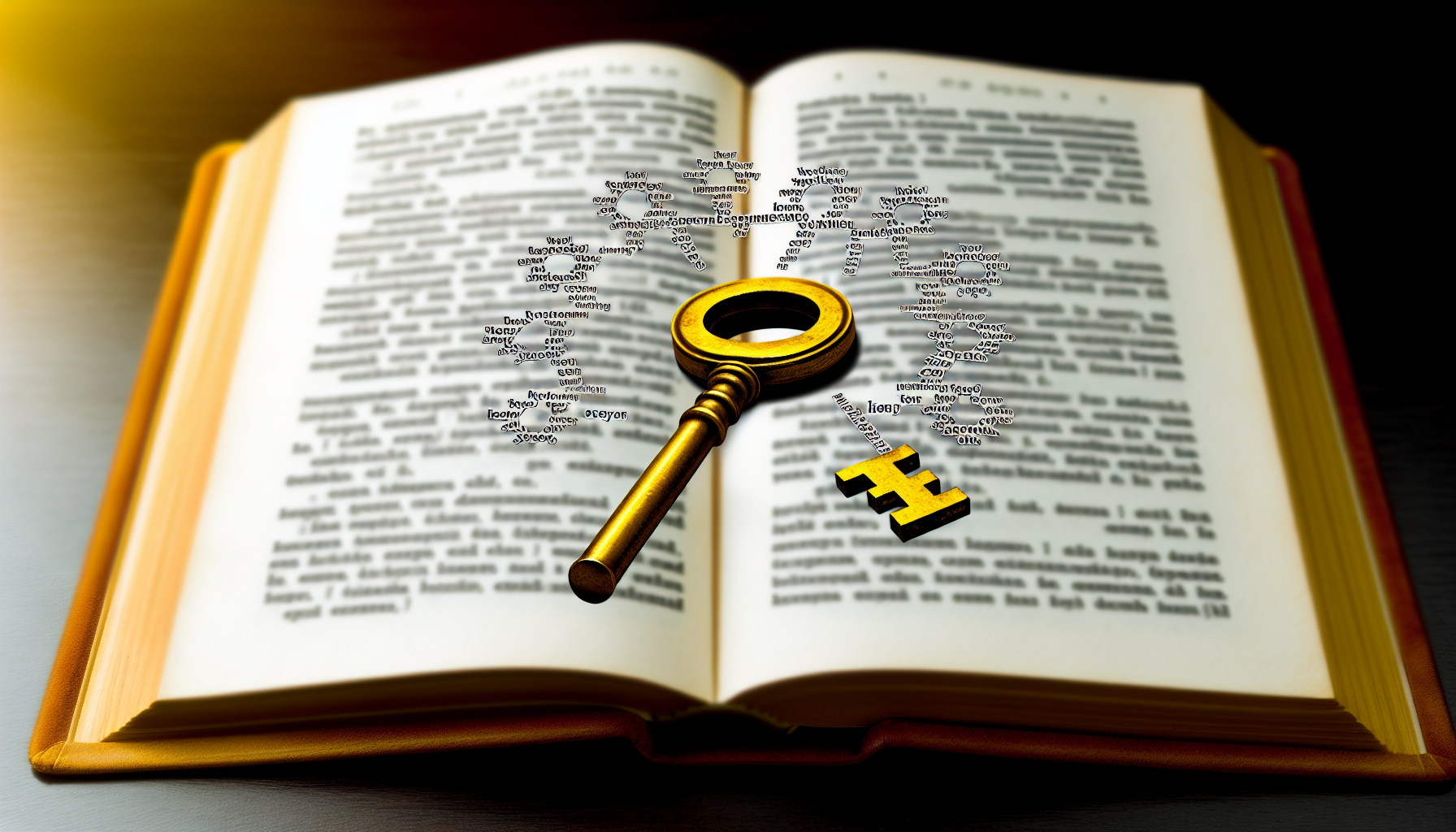 Erstellen Sie ein Bild, das das Konzept symbolisiert, dass Schlüsselwörter der Schlüssel zu erfolgreichem Inhalt sind. Stellen Sie sich dies als einen großen, goldenen Vintage-Schlüssel vor, der auf einem Buch liegt. Das Buch repräsentiert den Inhalt und ist auf eine Seite geöffnet, die mit Wörtern gefüllt ist. Einige dieser Wörter sind in Gold hervorgehoben und repräsentieren wichtige Schlüsselwörter. An einer Seite befindet sich eine Schlossform, die aus einem Cluster von miteinander verbundenen Zahnrädern und Mechanismen besteht, was die Mechanik von SEO und Internet-Suchalgorithmen symbolisiert. Der Schlüssel ist so gestaltet, dass er in dieses Schloss passt.