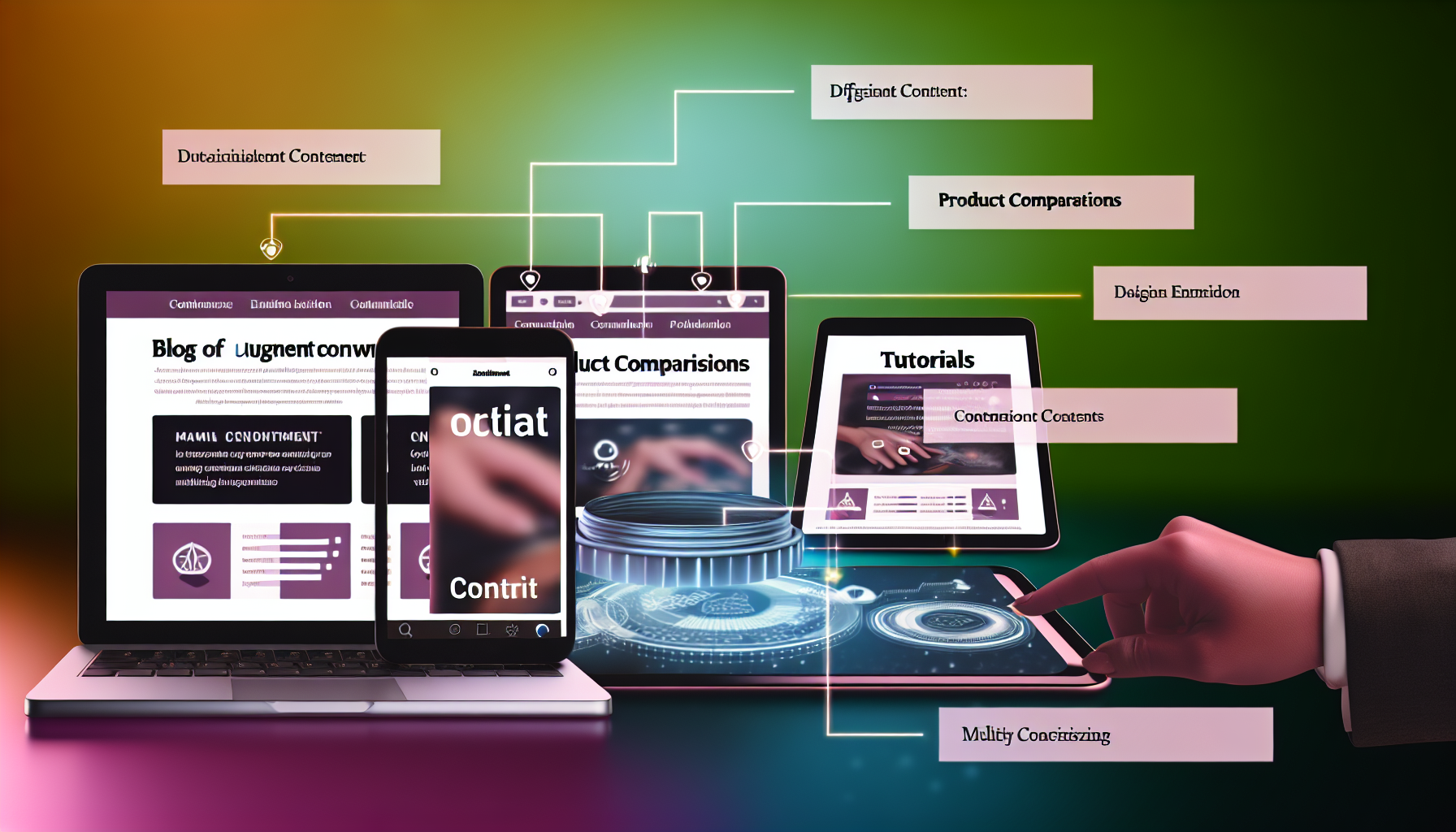 Erstellen Sie ein Bild, das eine digitale Umgebung zeigt, in der verschiedene Arten von Inhalten wie BlogbeitrÃ¤ge, Produktvergleiche und Tutorials prominent prÃ¤sentiert werden. Fangen Sie die zentralen Elemente ein, die darauf ausgelegt sind, Benutzer anzuziehen und Konversionen zu fÃ¶rdern. Zeigen Sie diese Inhalte auf verschiedenen GerÃ¤ten wie einem Laptop, einem Tablet und einem Smartphone, um die plattformÃ¼bergreifende ZugÃ¤nglichkeit zu betonen. Ein visuell ansprechendes Datenanalyse-Dashboard ist ebenfalls enthalten, um den Verkehr und die durch diese Inhalte ausgelÃ¶sten Konversionen zu verfolgen.