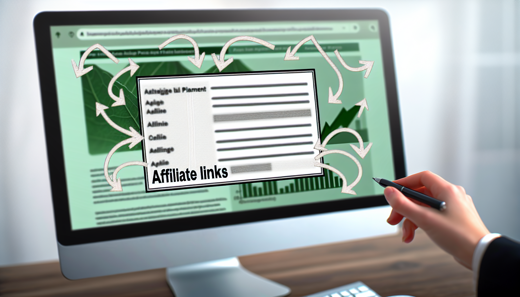 Stellen Sie sich ein Bild vor, das den Prozess der strategischen Platzierung und Optimierung von Affiliate-Links veranschaulicht. Es zeigt einen Computerbildschirm, der eine Webseite mit Inhalten anzeigt, in die Affiliate-Links eingebettet sind. Zarte Pfeile, die vom Text zu verschiedenen Teilen des Bildschirms führen, deuten auf die Optimierung hin. Im Hintergrund ist ein Diagramm zu sehen, das nach oben zeigt und steigende Einnahmen anzeigt.