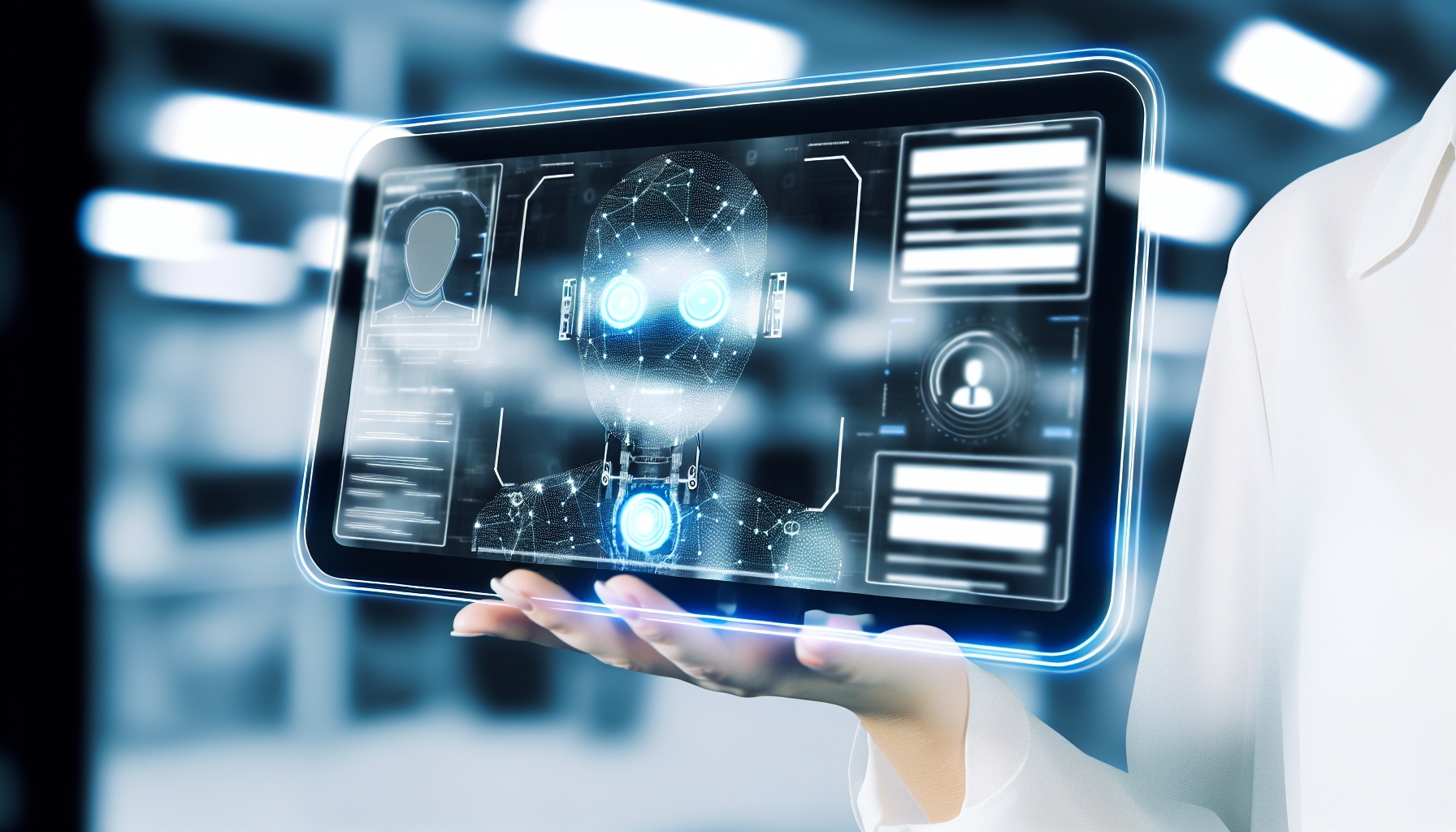 Erstellen Sie ein Bild eines fortschrittlichen digitalen Chatbots. Visualisieren Sie ihn als futuristische, transparente digitale Schnittstelle, die verschiedene Daten und Benutzerkonversationen auf ihrer Oberfläche anzeigt. Es sollte wie ein effizientes Werkzeug aussehen, das mit seinen Benutzern kommuniziert und ihnen hilft, ihre Fragen zu beantworten und sie bei ihren Kaufentscheidungen zu leiten.