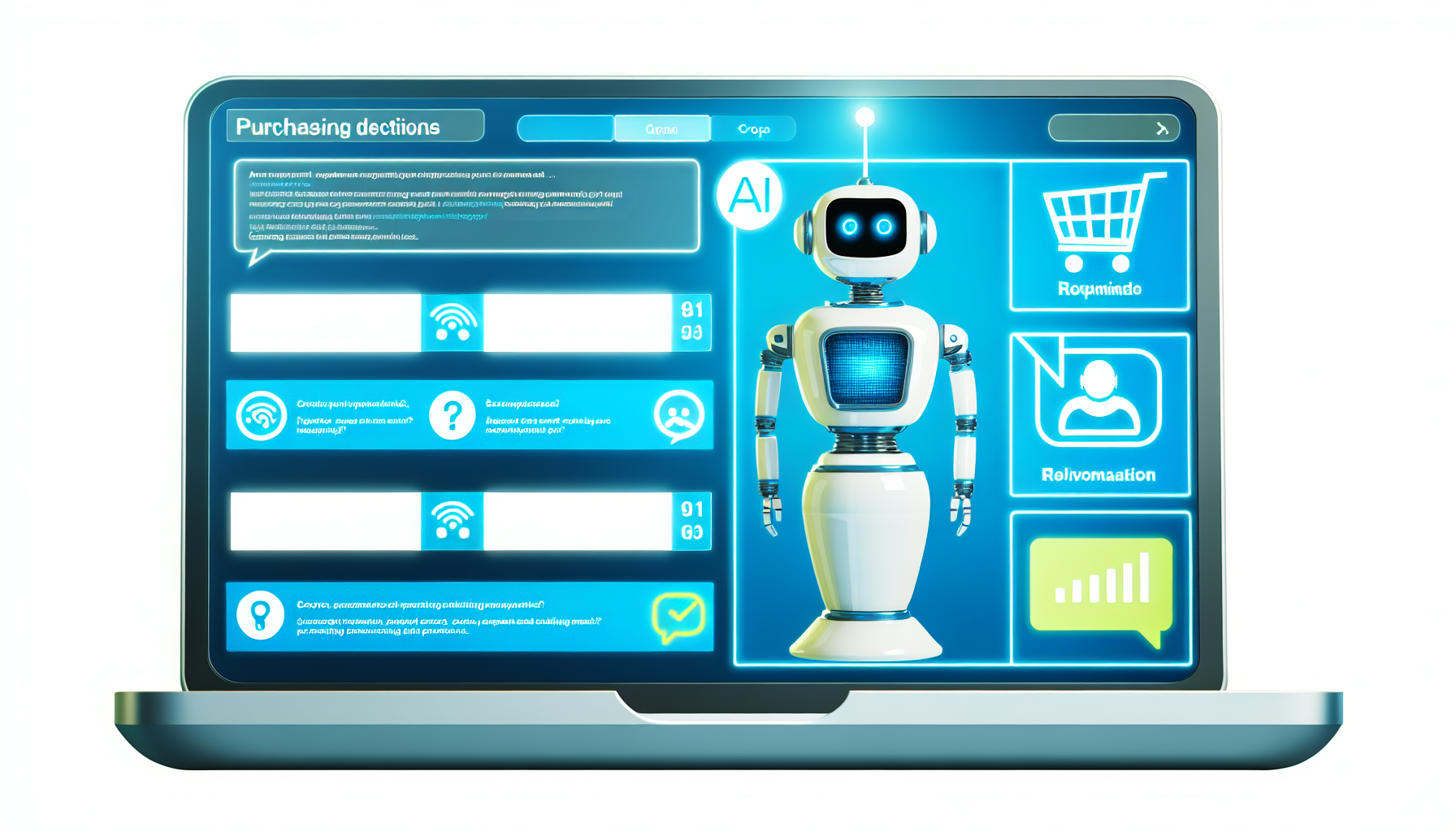 Ein Bild einer robusten KI-Chatbot-Oberfläche, die Besucher anspricht, Fragen beantwortet und Kaufentscheidungen fördert.