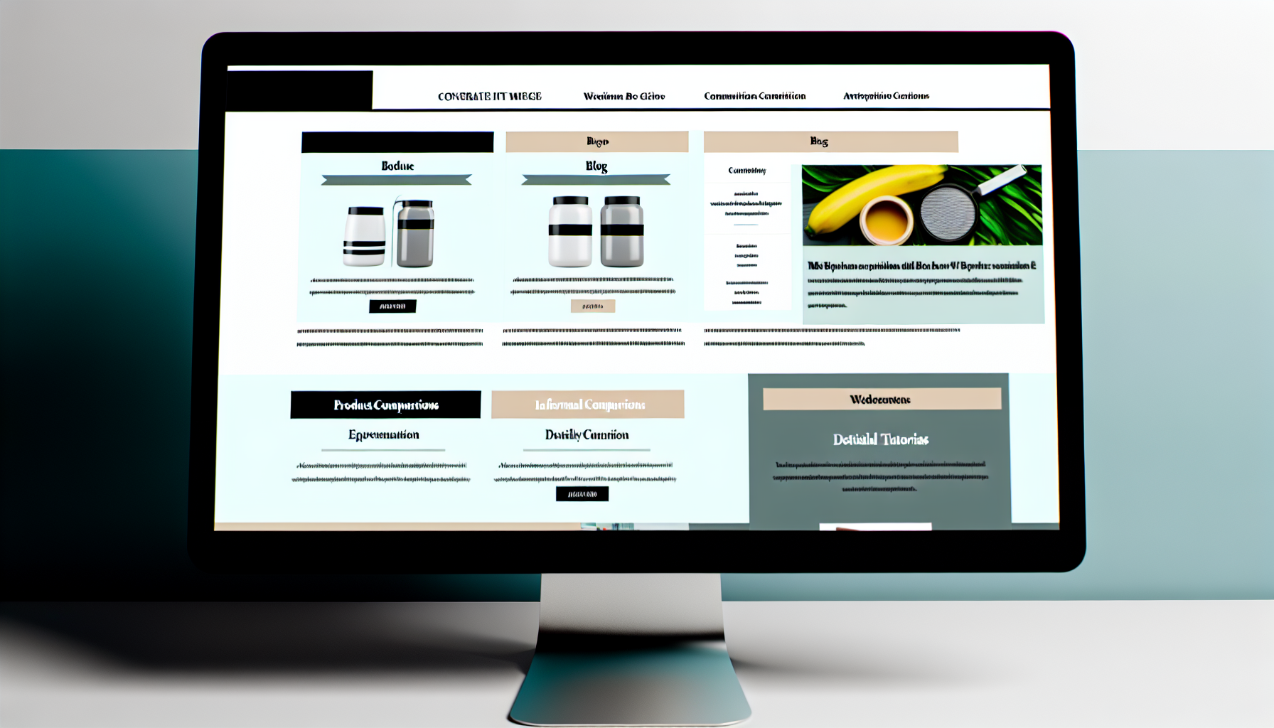 Erstellen Sie ein Bild, das einen Computerbildschirm zeigt, auf dem eine stilvolle Website oder ein Blog angezeigt wird. Auf dieser Website gibt es Abschnitte, die Produktvergleiche, informative Blogbeiträge und detaillierte Tutorials hervorheben. Das Gesamtthema ist benutzerfreundlich, ansprechend und fördert viele Interaktionen und Konversionen.