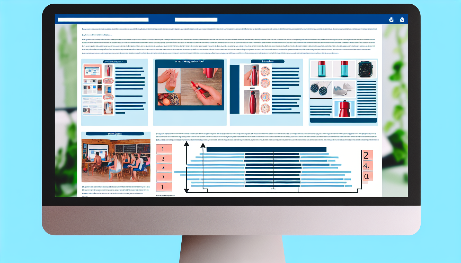 Ein Bild eines Computerbildschirms, der einen Blogbeitrag, eine Produktvergleichstabelle und einen Tutorial-Leitfaden anzeigt. Der Blogbeitrag behandelt ein aktuelles Thema, dargestellt durch eine Collage verwandter Bilder. Die Produktvergleichstabelle ist in zwei Seiten unterteilt, mit separaten Spalten für die Merkmale, Vorteile und Nachteile jedes Produkts, begleitet von Bildern der Produkte. Der Tutorial-Leitfaden präsentiert Schritt-für-Schritt-Anleitungen, dargestellt durch nummerierte Punkte und relevante Bilder.