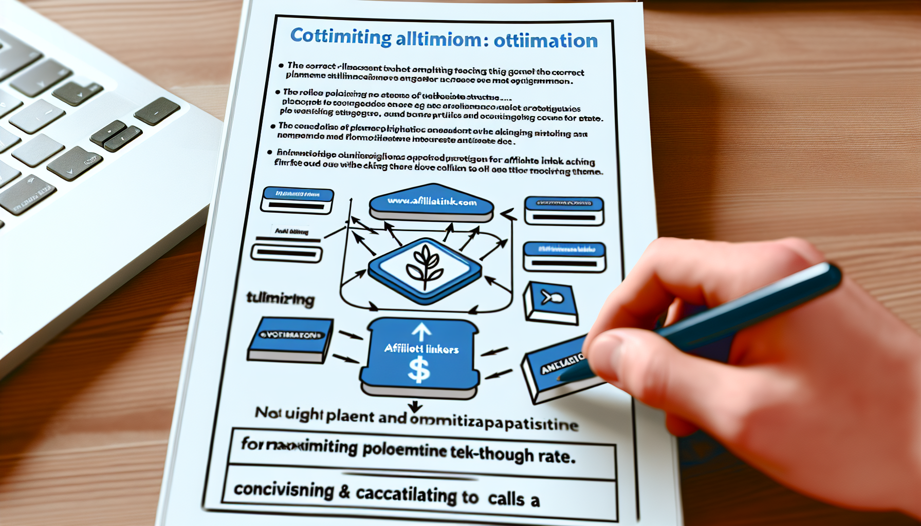 Ein illustrativer Leitfaden, der zeigt, wie die richtige Platzierung und Optimierung von Affiliate-Links die Einnahmen erheblich steigern kann. Er könnte Grafiken von Webseitenstrukturen, Platzierungsstrategien für eine maximale Klickrate und Mini-Tutorials zu Optimierungstechniken enthalten, einschließlich der Verwendung von überzeugenden und fesselnden Handlungsaufforderungen.