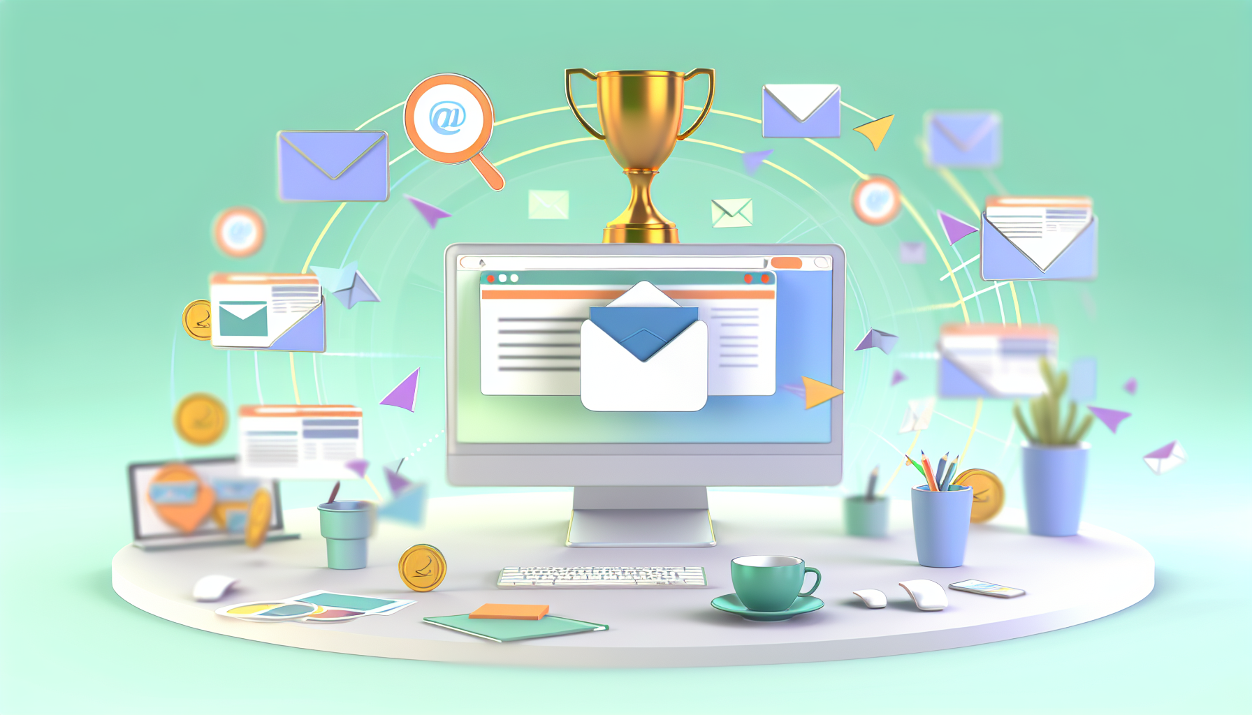 Eine Illustration des Konzepts, dass E-Mail-Marketing eines der effektivsten Werkzeuge im Affiliate-Marketing ist. Ein Büro-Setup kann dargestellt werden, mit Computern und Marketingmaterialien. E-Mails können aus einem Computer fliegen, was die Verbreitung von Marketingnachrichten symbolisiert. Rundherum sind verschiedene Marketing-Tools, aber ein Pokal oder eine Medaille kann neben dem E-Mail-Symbol platziert werden, um die überlegene Effektivität im Affiliate-Marketing zu symbolisieren. Eine Pastellfarbpalette sorgt für ein modernes Gefühl.
