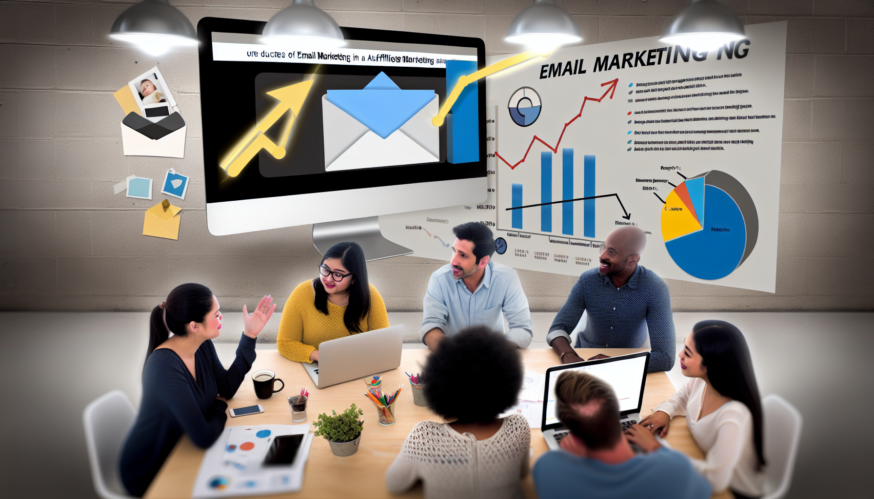 Ein Bild, das das Konzept des E-Mail-Marketings als ein Ã¤uÃŸerst effektives Werkzeug im Affiliate-Marketing darstellt. Es zeigt einen Computer mit einem geÃ¶ffneten E-Mail-Programm, das eine gut gestaltete Marketing-E-Mail anzeigt. An der Seite ist ein Diagramm zu sehen, das die steigenden Erfolgsquoten des E-Mail-Marketings in der Affiliate-Marketing-Branche zeigt. Das gesamte Bild sollte in einer modernen BÃ¼roumgebung angesiedelt sein. Bitte fÃ¼gen Sie auch eine Darstellung von vielfÃ¤ltigen Teammitgliedern hinzu, die gemeinsam brainstormen, darunter eine hispanische Frau, ein mÃ¤nnlicher Mitarbeiter aus dem Nahen Osten und ein schwarzer Mann.