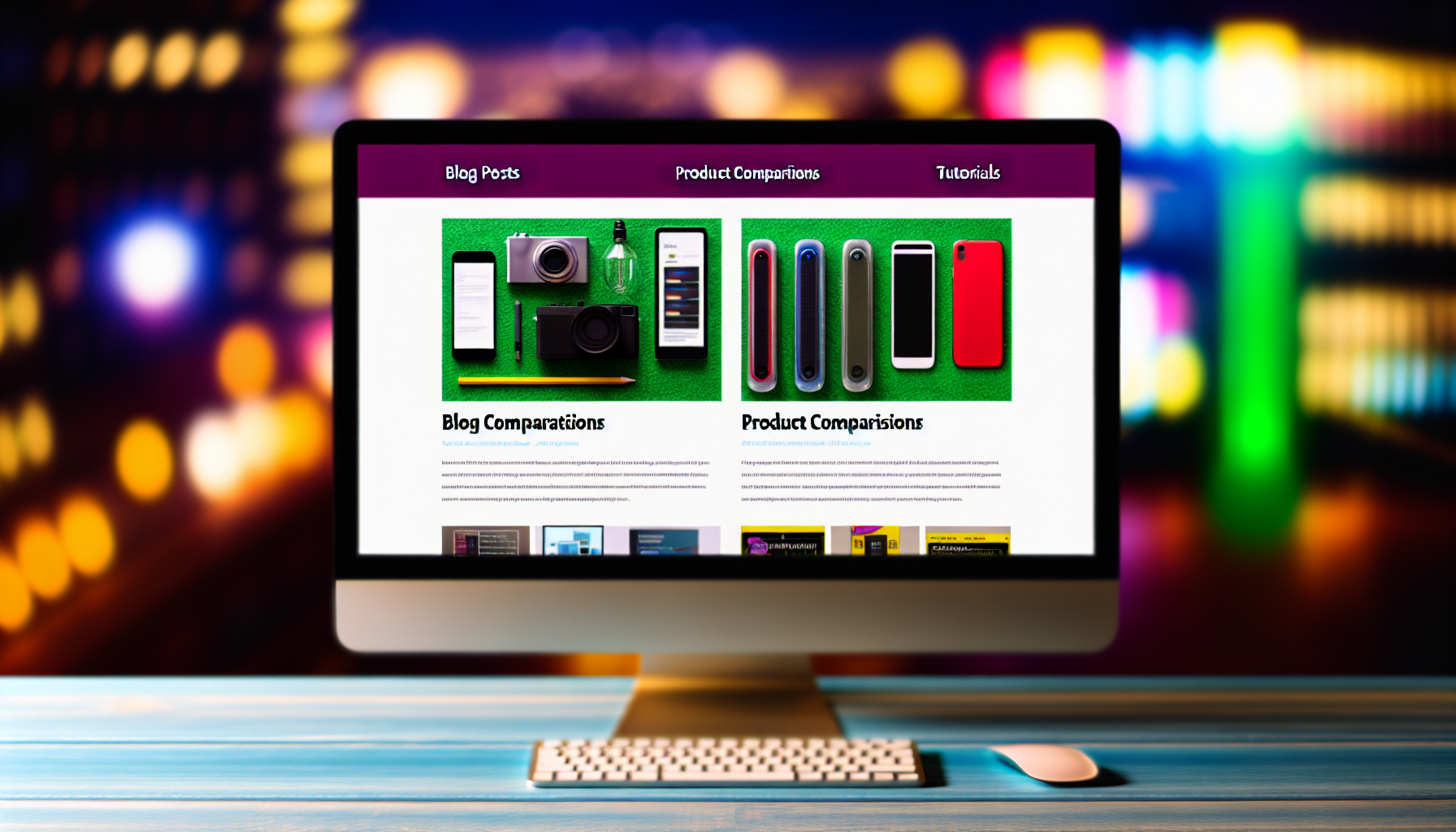 Ein Bild, das einen Computerbildschirm zeigt, auf dem interessante Blogbeiträge, Produktvergleichstabellen mit verschiedenen nebeneinander liegenden Gadgets und ansprechende Tutorials in Form von Video-Thumbnails angezeigt werden. Der Hintergrund der Website zeigt eine lebendige Benutzeroberfläche, die die Zuschauer zur Erkundung einlädt. Auf der Seite sind Inhaltstabs für 'Blogbeiträge', 'Produktvergleiche' und 'Tutorials' zu sehen, die jeweils unterschiedliche Arten von Informationen anbieten und somit die Kundenbindung und Konversionen fördern.