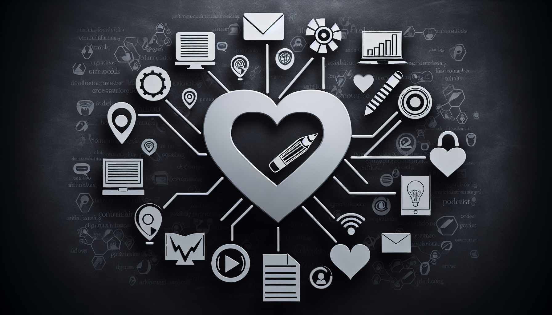Ein Bild, das den Inhalt als das Herz des Affiliate-Marketings symbolisiert. Stellen Sie sich ein Herzsymbol in der Mitte vor, aus dem verschiedene Formen digitaler Inhalte wie Artikel, Videos, Infografiken und Podcasts herauszweigen. Innerhalb jeder Inhaltsform integrieren Sie verwandte Symbole, wie einen Stift für Artikel, einen Play-Button für Videos und Balken für Podcasts. Rund um das Herz stellen Sie sich Icons verschiedener Marketingstrategien wie SEO, Social Media, E-Mail-Marketing usw. vor, die mit Pfeilen oder Linien verbunden sind, um Interaktion und gegenseitige Abhängigkeit zu demonstrieren.