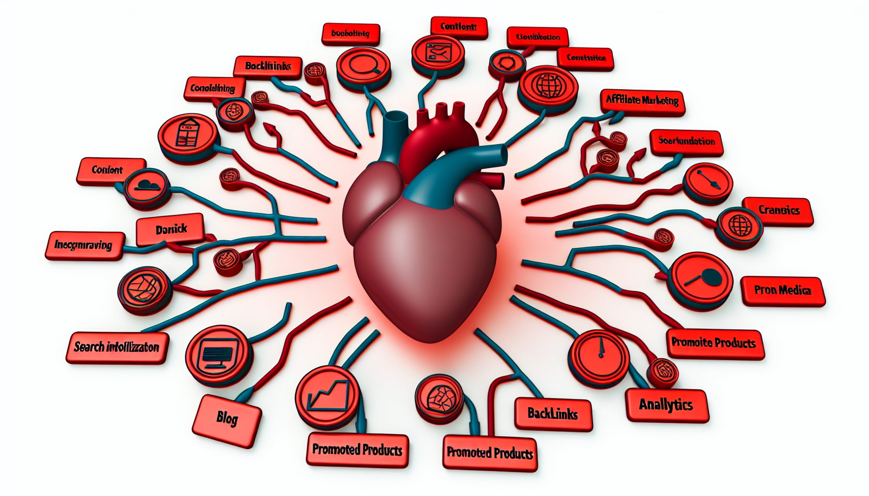 Stellen Sie eine symbolische Darstellung des Affiliate-Marketings dar, bei der das Herz des Systems aus Inhalten besteht. Konzepte wie Suchmaschinenoptimierung (SEO)-Keywords, Backlinks, beworbene Produkte und Analysen kÃ¶nnen die Organe darum herum bilden, wÃ¤hrend verschiedene VertriebskanÃ¤le wie Blogs, soziale Medien und E-Mail-Marketing als Arterien und Venen dargestellt werden, die die Inhalte verbreiten.
