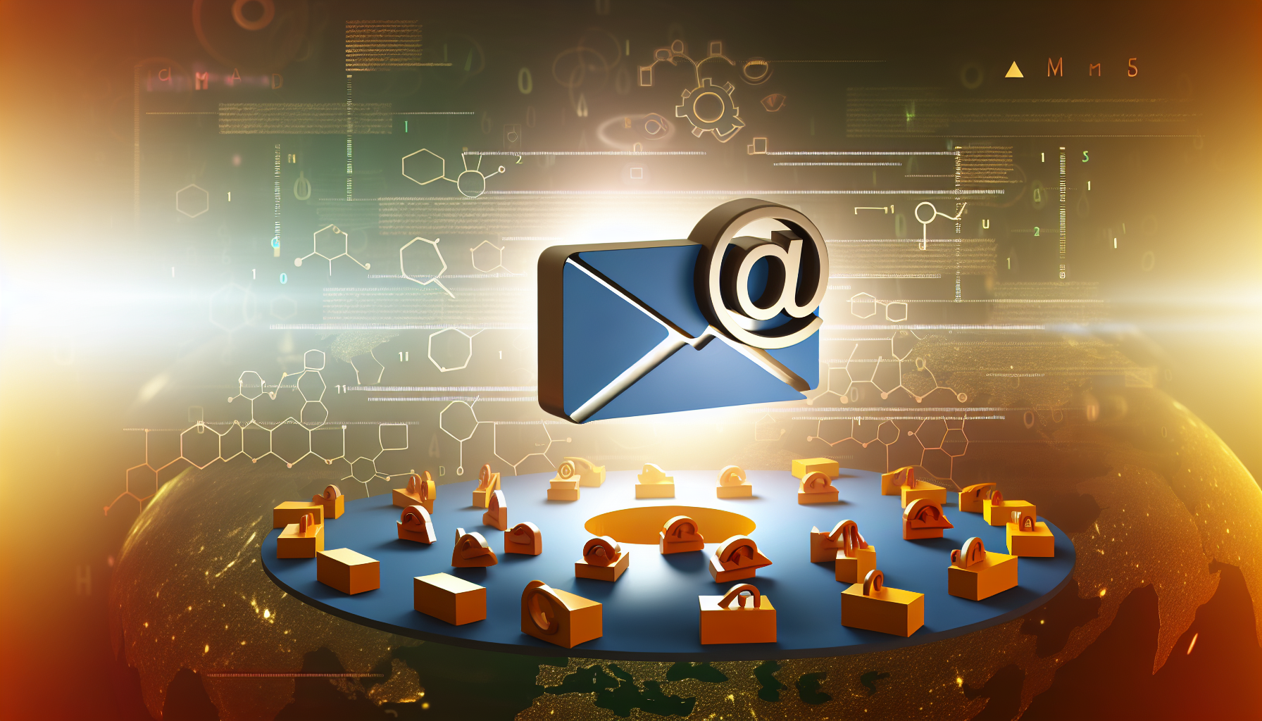 Stellen Sie sich Folgendes vor: Ein gigantisches, virtuelles Werkzeug, das das E-Mail-Marketing repräsentiert. Dieses Werkzeug schwebt in einem digitalen Raum und überragt andere symbolische Werkzeuge, die um es herum angeordnet sind, was seine Dominanz verdeutlicht. Diese verschiedenen Miniaturwerkzeuge, harmonisch organisiert, repräsentieren unterschiedliche Aspekte des Affiliate-Marketings. Subtile Codes, Zahlen und Diagramme im Hintergrund symbolisieren die Datenanalyse und deuten darauf hin, dass E-Mail-Marketing aufgrund seiner Effektivität eine entscheidende Rolle spielt. Ein warmes, strahlendes Licht geht von dem Werkzeug aus und zeigt seine anhaltende Relevanz und Bedeutung.