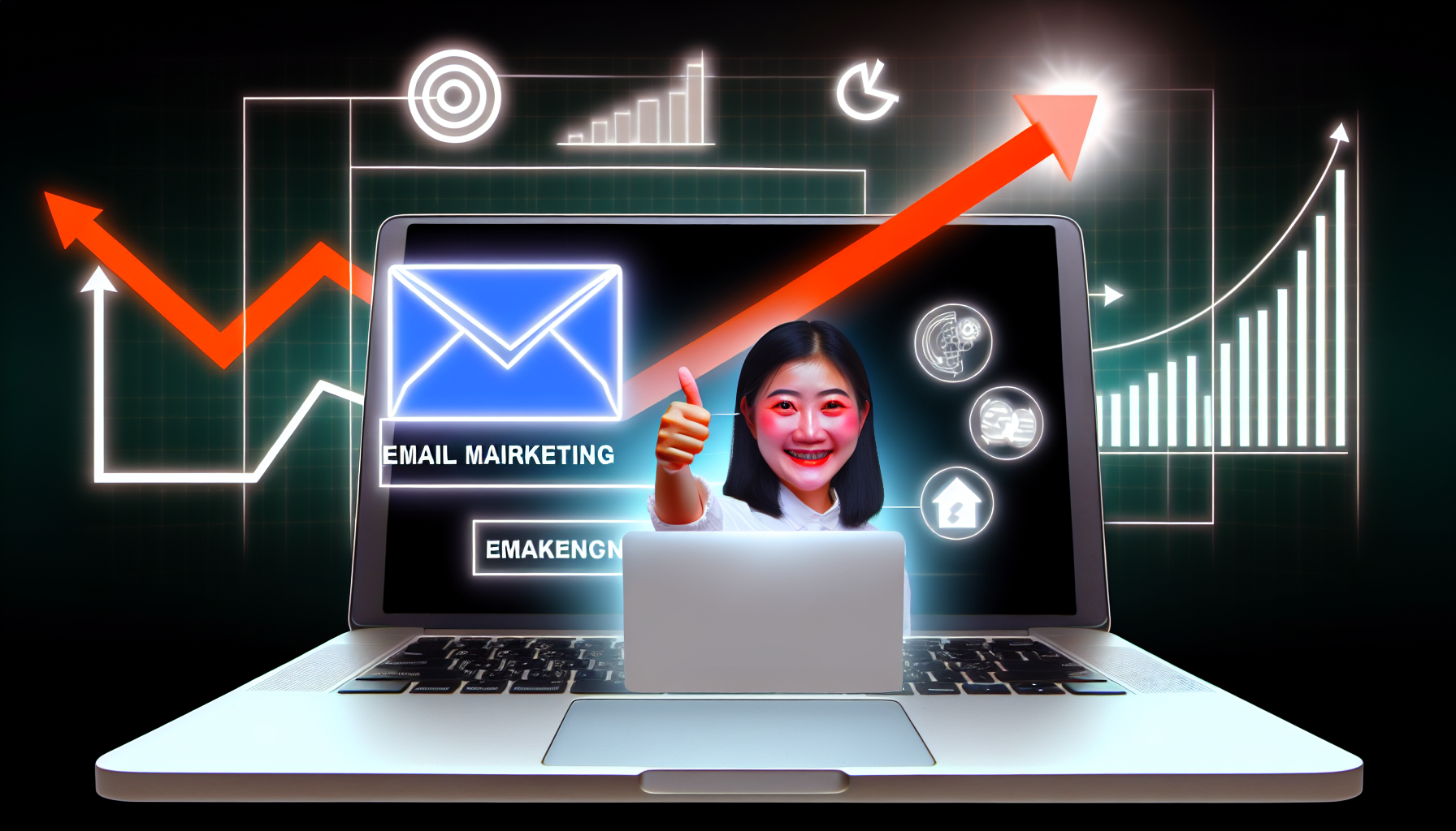 Ein Bild, das E-Mail-Marketing als eines der effektivsten Werkzeuge im Affiliate-Marketing zeigt. Zeigen Sie einen offenen Laptop-Bildschirm, der ein vereinfachtes Diagramm zur Effektivität des E-Mail-Marketings illustriert. Stellen Sie außerdem eine Affiliate-Marketerin dar, eine junge asiatische Frau, deren Gesicht vom Licht des Laptops erleuchtet wird, während sie ihre Zufriedenheit ausdrückt und einen Daumen nach oben zeigt. Im Hintergrund sind abstrakte Darstellungen von wachsendem Erfolg in Form von Grafiken und Diagrammen zu sehen.