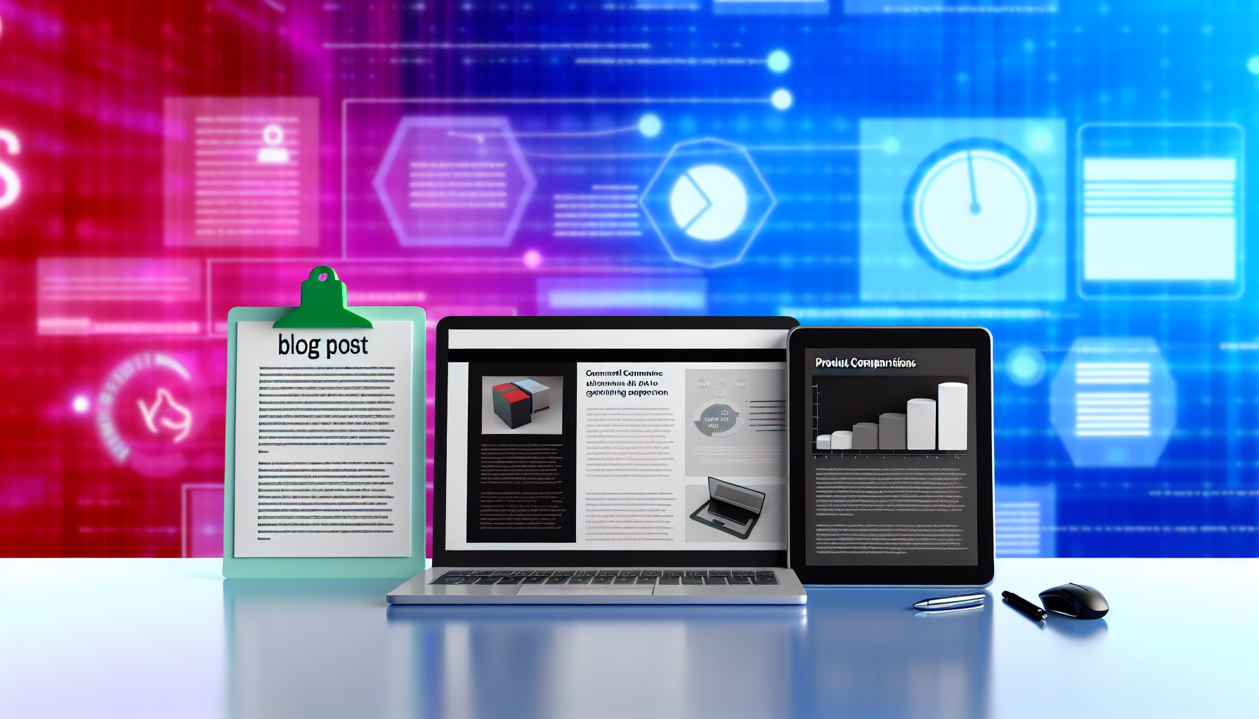 Ein Bild, das mehrere Schlüsselaspekte des digitalen Marketings und E-Commerce zeigt, darunter Blogbeiträge, Produktvergleiche und Tutorials. Diese Szene veranschaulicht die Effektivität dieser Werkzeuge, um Nutzer anzuziehen und Konversionen zu fördern. In der Mitte steht ein Laptop mit einem Blogbeitrag auf dem Bildschirm, daneben ein Produktvergleichsdiagramm auf einem Klemmbrett und auf der anderen Seite ein digitales Tablet, das ein Tutorial anzeigt. Der Hintergrund könnte mit lebhaften Farbtönen gefüllt sein, um die digitale Welt hervorzuheben. Diese Elemente ruhen auf einem minimalistischen Schreibtisch vor einem hochmodernen Hintergrund.