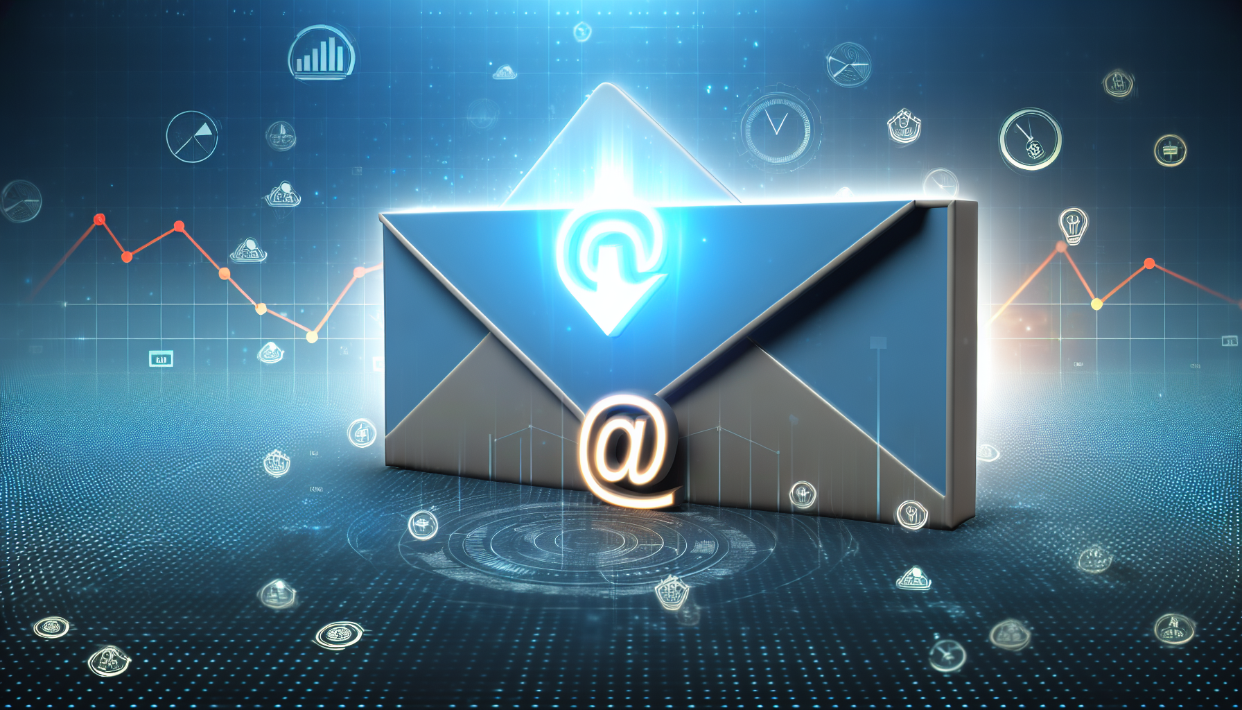 E-Mail-Marketing ist eines der effektivsten Werkzeuge im Affiliate-Marketing. Stellen Sie sich einen symbolischen, vergrößerten E-Mail-Umschlag vor, der von innen leuchtet und auf einer digitalen Landschaft aufrecht steht. Um den Umschlag herum schweben kleine Icons, die verschiedene Marketingstrategien repräsentieren. Zudem steigen Grafiken und Statistiken, die von der Basis des Umschlags ausgehen, in die Höhe und symbolisieren dessen Effektivität.