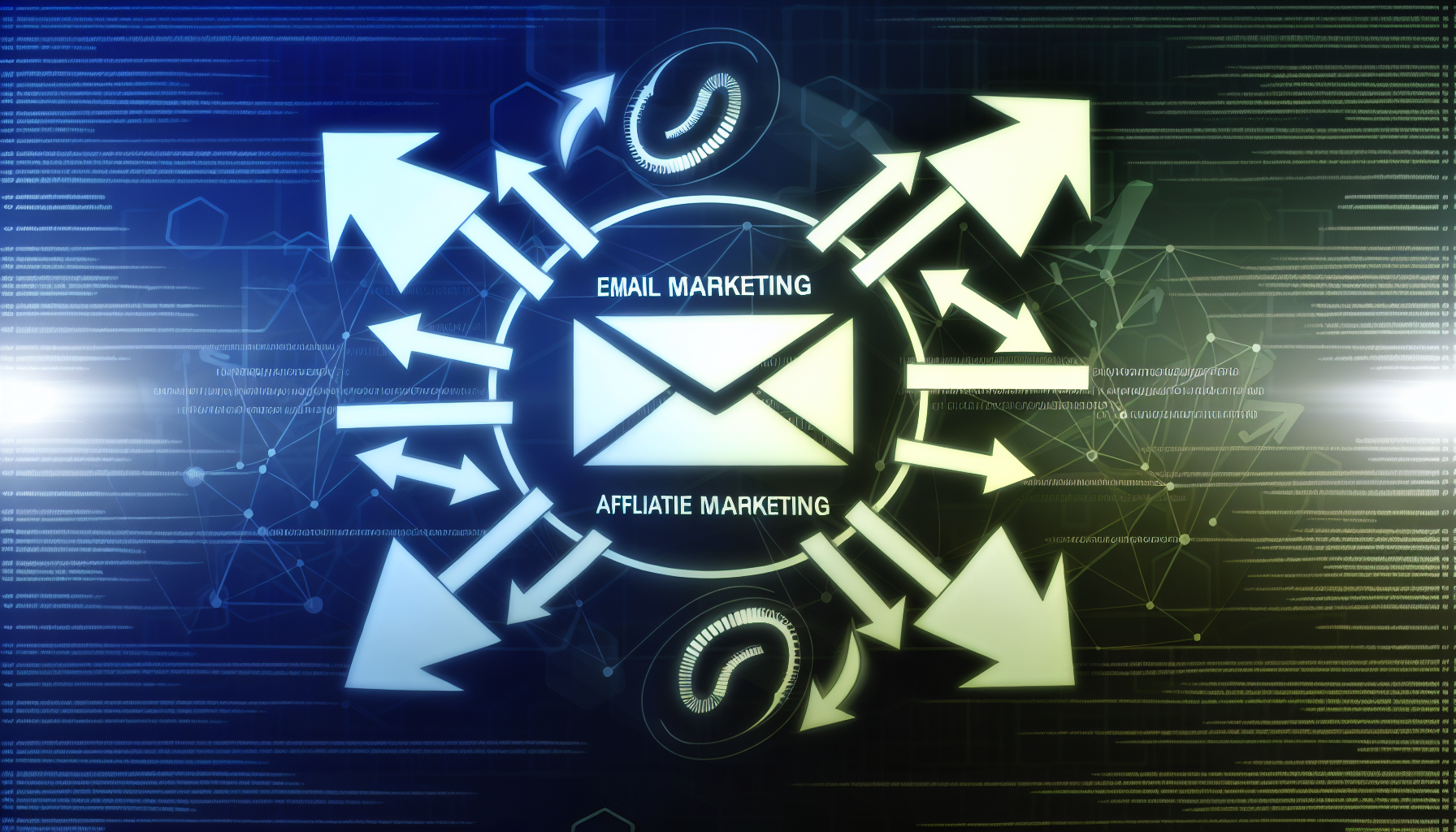 Eine visuelle Darstellung, die E-Mail-Marketing als eines der effektivsten Werkzeuge im Affiliate-Marketing erkennt. Das Bild könnte eine symbolische Grafik einer E-Mail mit einem Marketing-Slogan enthalten, die mit Pfeilen oder Linien verwoben ist, die das Konzept der Affiliation andeuten und Vorteile von einem Segment zum anderen verteilen. All dies könnte vor einem digitalen Hintergrund positioniert sein, der auf die digitale Welt des Online-Marketings verweist.