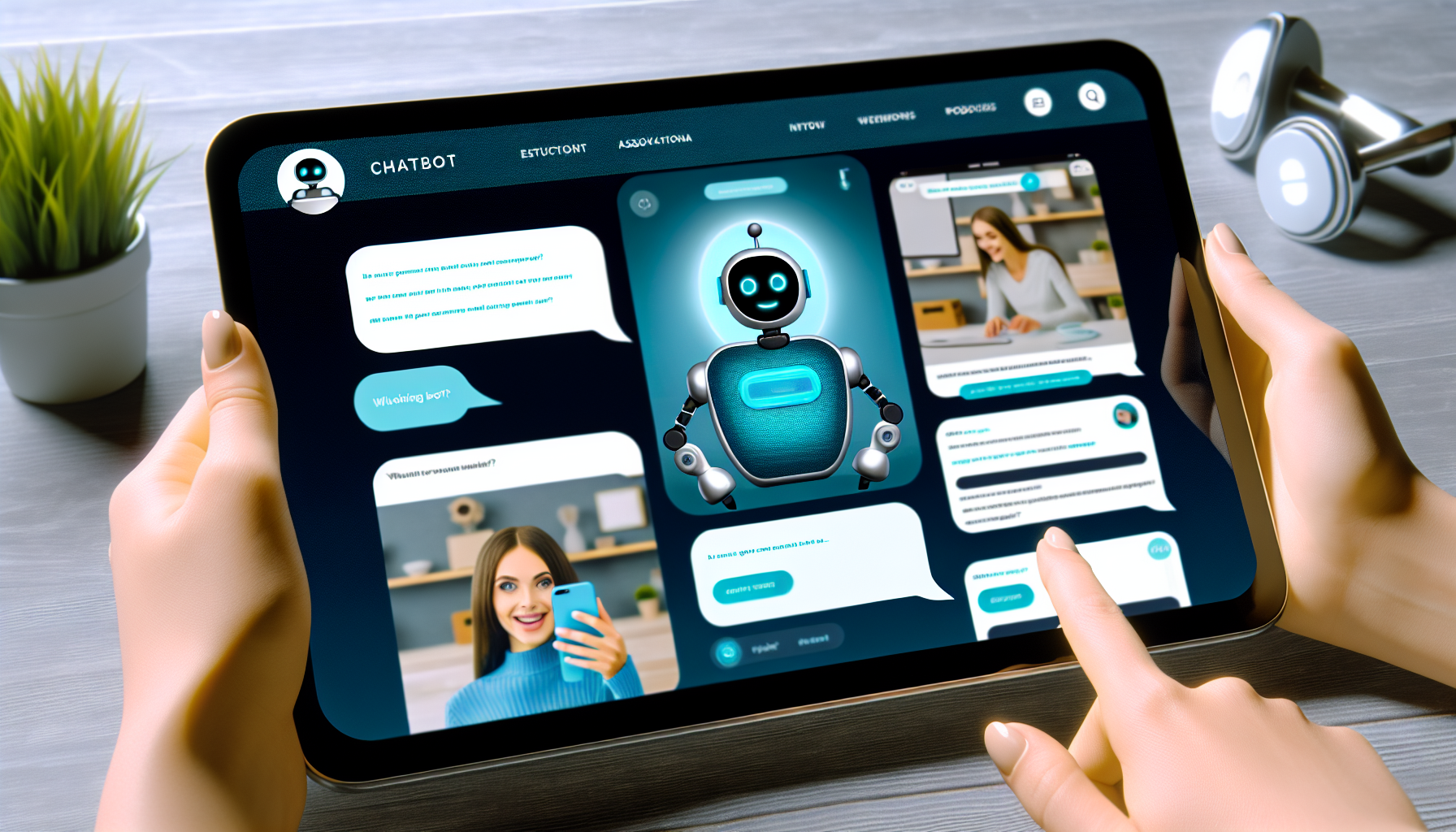 Chatbots haben sich zu einem leistungsstarken Werkzeug entwickelt, um Besucher zu engagieren, Fragen zu beantworten und Kaufentscheidungen zu fördern. Erstellen Sie ein Bild einer futuristischen, anspruchsvollen Chatbot-Oberfläche auf einem digitalen Gerät, wie einem Computer oder Tablet. Der Bildschirm ist mit einem freundlichen, einladenden Avatar gefüllt, der den Chatbot repräsentiert. Fügen Sie Textgesprächsblasen hinzu, die Momente zeigen, in denen der Bot Unterstützung bietet, Anfragen beantwortet oder Produkte empfiehlt. Es gibt auch einen E-Commerce-Bereich mit Bildern potenzieller Produkte, die besprochen werden.