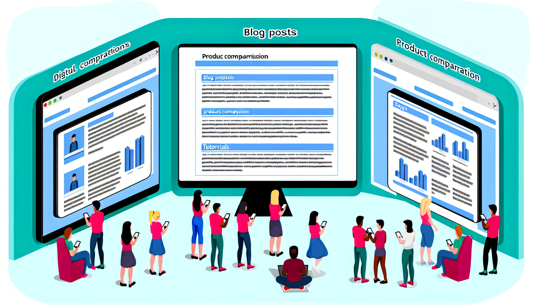 Stellen Sie ein digitales Panorama dar, das Blogbeiträge, Produktvergleiche und Tutorials umfasst. Diese verschiedenen Elemente sollten visuell so dargestellt werden, dass sie die Nutzer ansprechen und die Konversionen fördern. Vielleicht zeigen Sie einen Computerbildschirm, der einen Blogbeitrag anzeigt, ein Tablet, das eine Produktvergleichstabelle darstellt, und ein Smartphone, das ein Schritt-für-Schritt-Tutorial präsentiert. Umgeben Sie diese Geräte mit verschiedenen Menschen, Männern und Frauen, Menschen unterschiedlicher Abstammung wie Kaukasier, Hispanics, Menschen aus dem Nahen Osten, Südasien usw., die damit beschäftigt sind, zu lesen, zu vergleichen und von diesen Plattformen zu lernen.