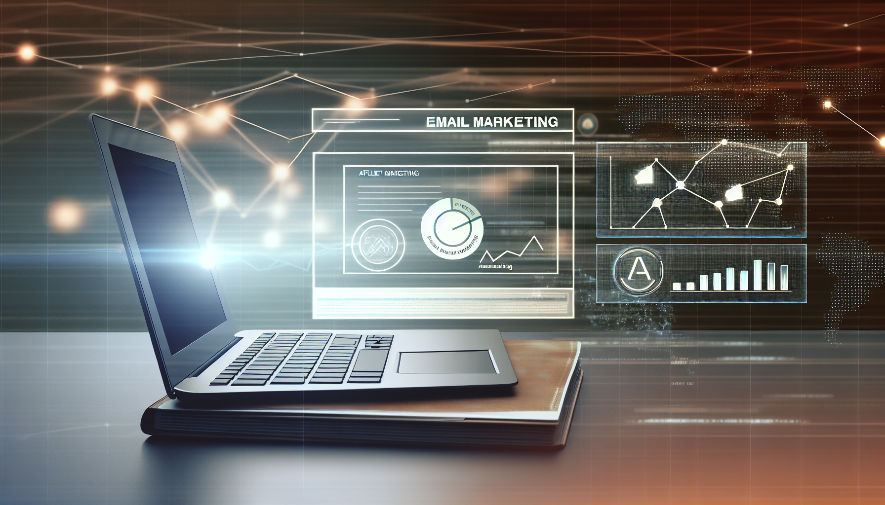 Ein Bild, das das Konzept darstellt, dass E-Mail-Marketing eines der effektivsten Werkzeuge im Affiliate-Marketing bleibt. Stellen Sie sich einen Laptop vor, der auf ein E-Mail-Marketing-Dashboard geöffnet ist, das verschiedene Analysen anzeigt, neben einem Diagramm, das Statistiken zum Affiliate-Marketing zeigt. Der Hintergrund umfasst sanft beleuchtete digitale Netzwerke und Informationsströme, die die globale Reichweite dieser Marketingmethoden veranschaulichen.