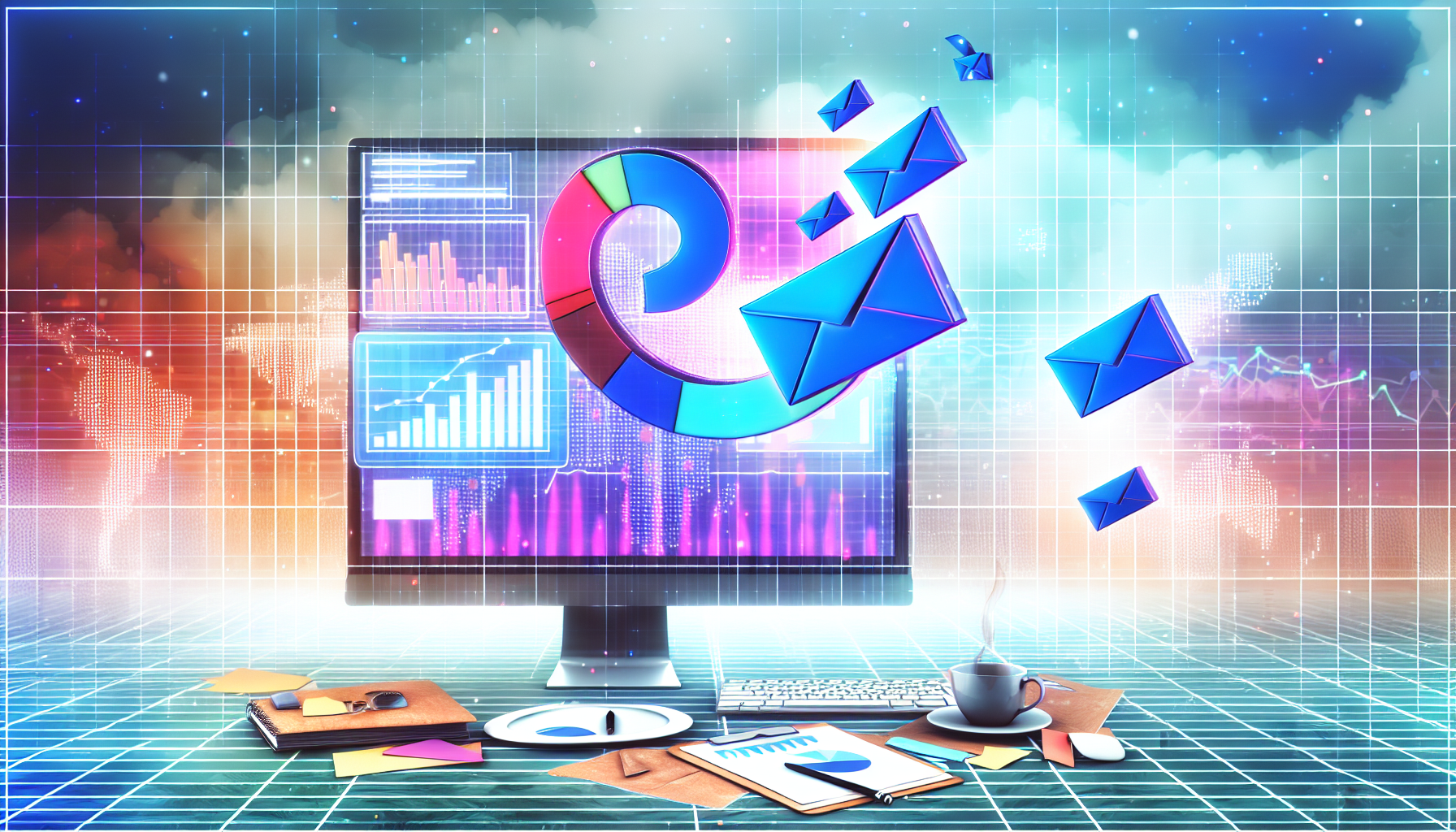 Eine lebendige Illustration, die das Konzept des E-Mail-Marketings als eines der effektivsten Werkzeuge im Affiliate-Marketing zeigt. Das Bild zeigt einen digitalen Arbeitsplatz mit einem großen Computerbildschirm, der verschiedene Statistiken anzeigt. Balkendiagramme und Tortendiagramme füllen den Bildschirm und veranschaulichen erfolgreiche E-Mail-Marketingkampagnen. Eingehende E-Mails werden als buchstäbliche, 3D-digitale Umschläge visualisiert, die auf den Bildschirm gelangen. Auf dem Schreibtisch befinden sich einige Geschäftszubehörteile wie Notizblock, Stift und eine Tasse Kaffee. Im Hintergrund ist ein Fenster zu sehen, das eine abstrakte Stadtlandschaft offenbart, um den weiten Online-Marktplatz zu symbolisieren.