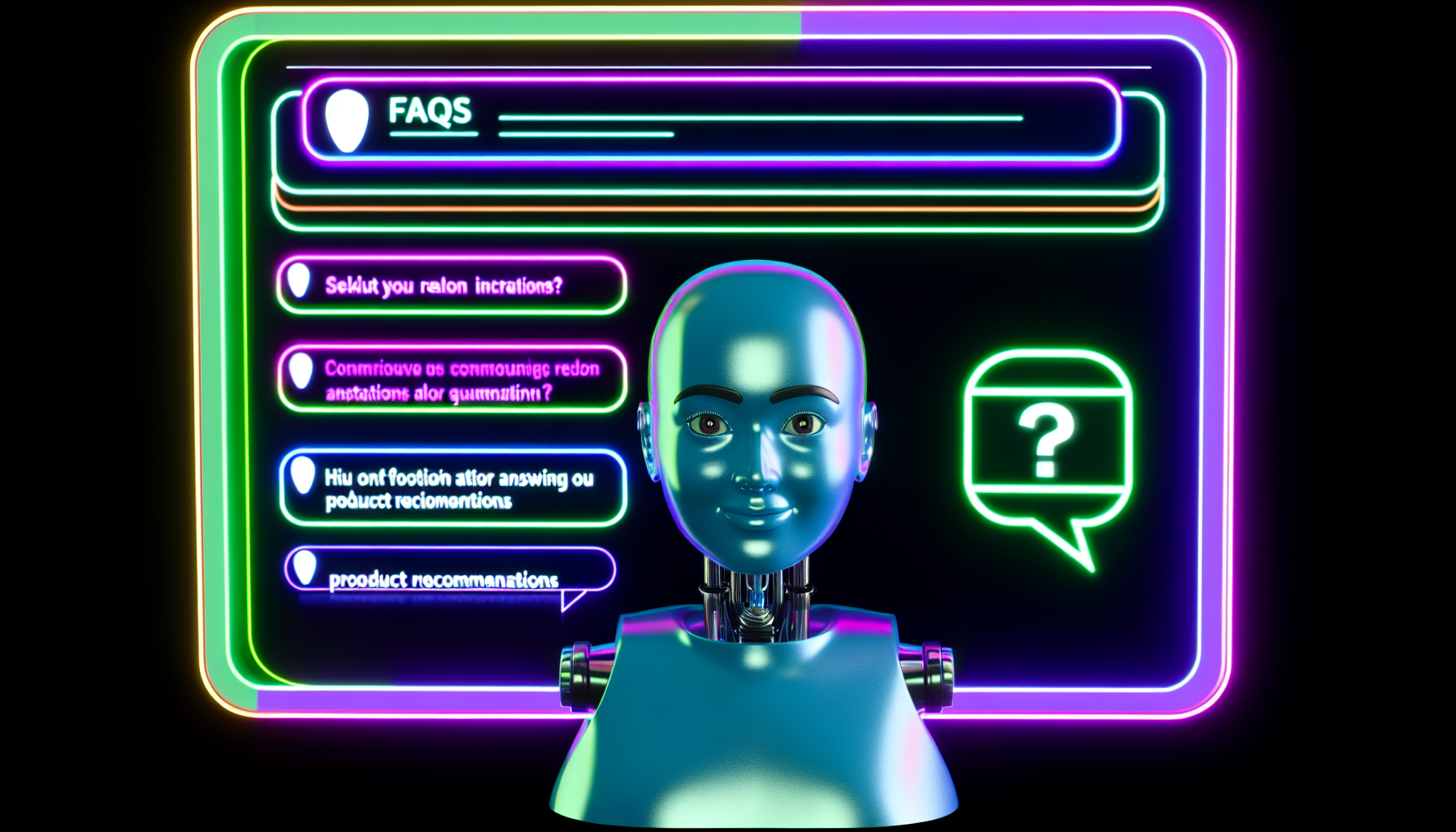 Erstellen Sie ein Bild einer futuristischen Chatbot-Oberfläche. Der Bildschirm sollte eine freundliche, humanoide KI-Figur südasiatischer Abstammung zeigen, die bereit ist, zu interagieren. Der Bildschirm sollte voller lebendiger Neonfarben sein, mit mehreren Sprechblasen, die häufig gestellte Fragen und Produktempfehlungen anzeigen. Es sollte hochgradig anspruchsvoll aussehen und den Eindruck eines technologisch fortschrittlichen Werkzeugs vermitteln, das für die Kundenbindung, die Beantwortung von Anfragen und die Unterstützung von Kaufentscheidungen entwickelt wurde.